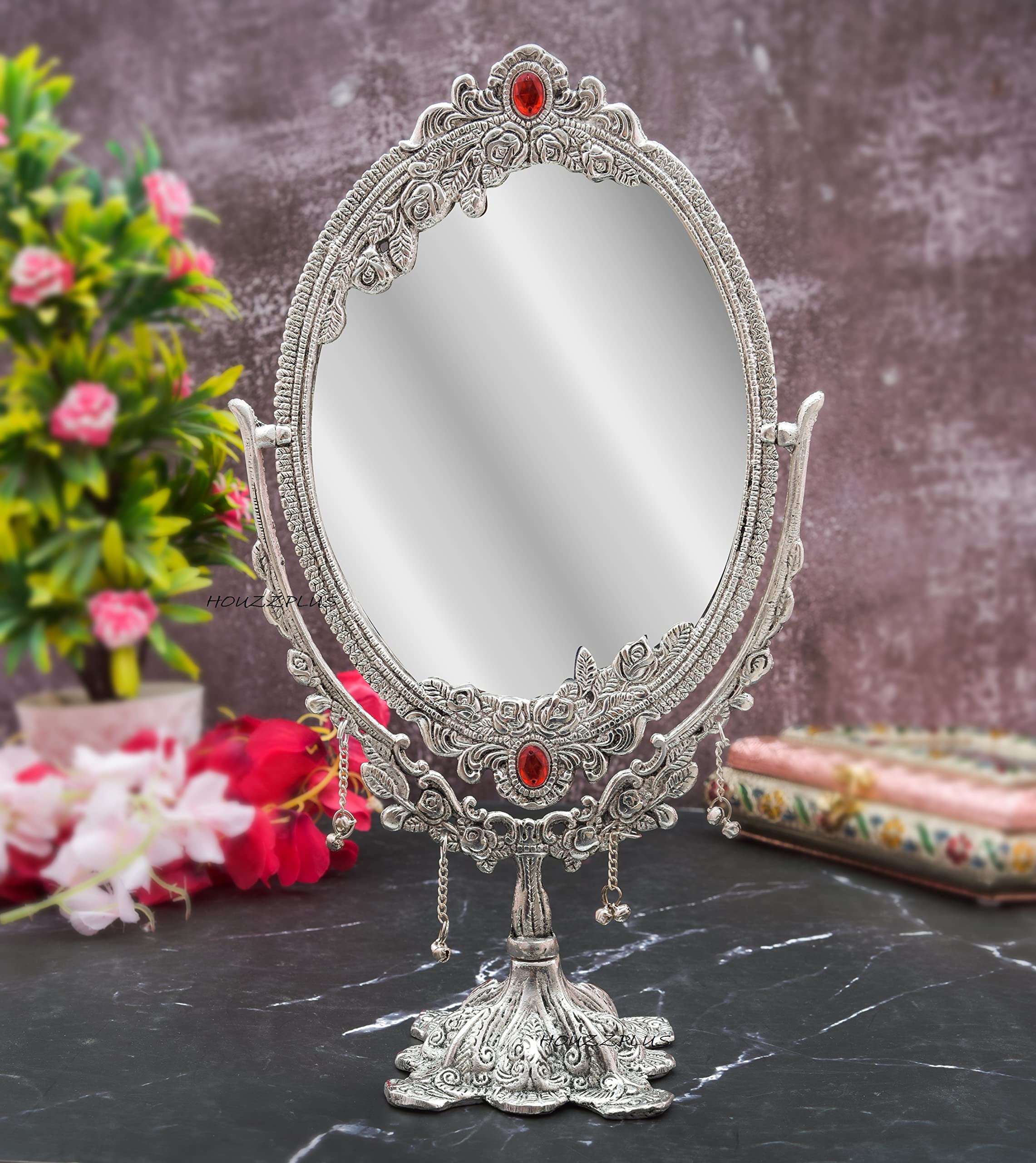 Handicraft Aluminium Frame Antique Look Double-Sided Vanity Mirror with Stand-image-34