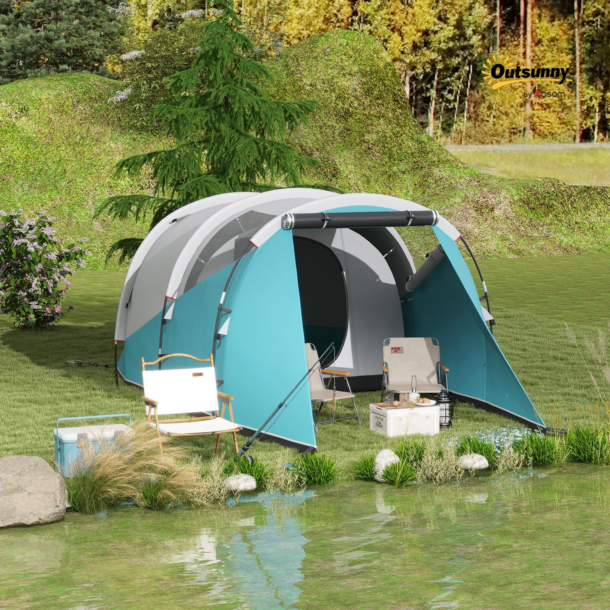 Outsunny Tunnelzelt für 3 Personen 3000mm Wasserabweisend Campingzelt Blau