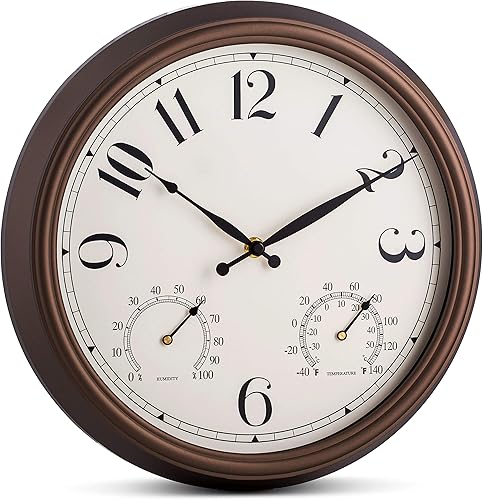 Miniatura 2 de Bernhard Products Reloj de pared para interiores y exteriores, color bronce, 13 pulgadas, silencioso, sin tictac, con medidor de temperatura y