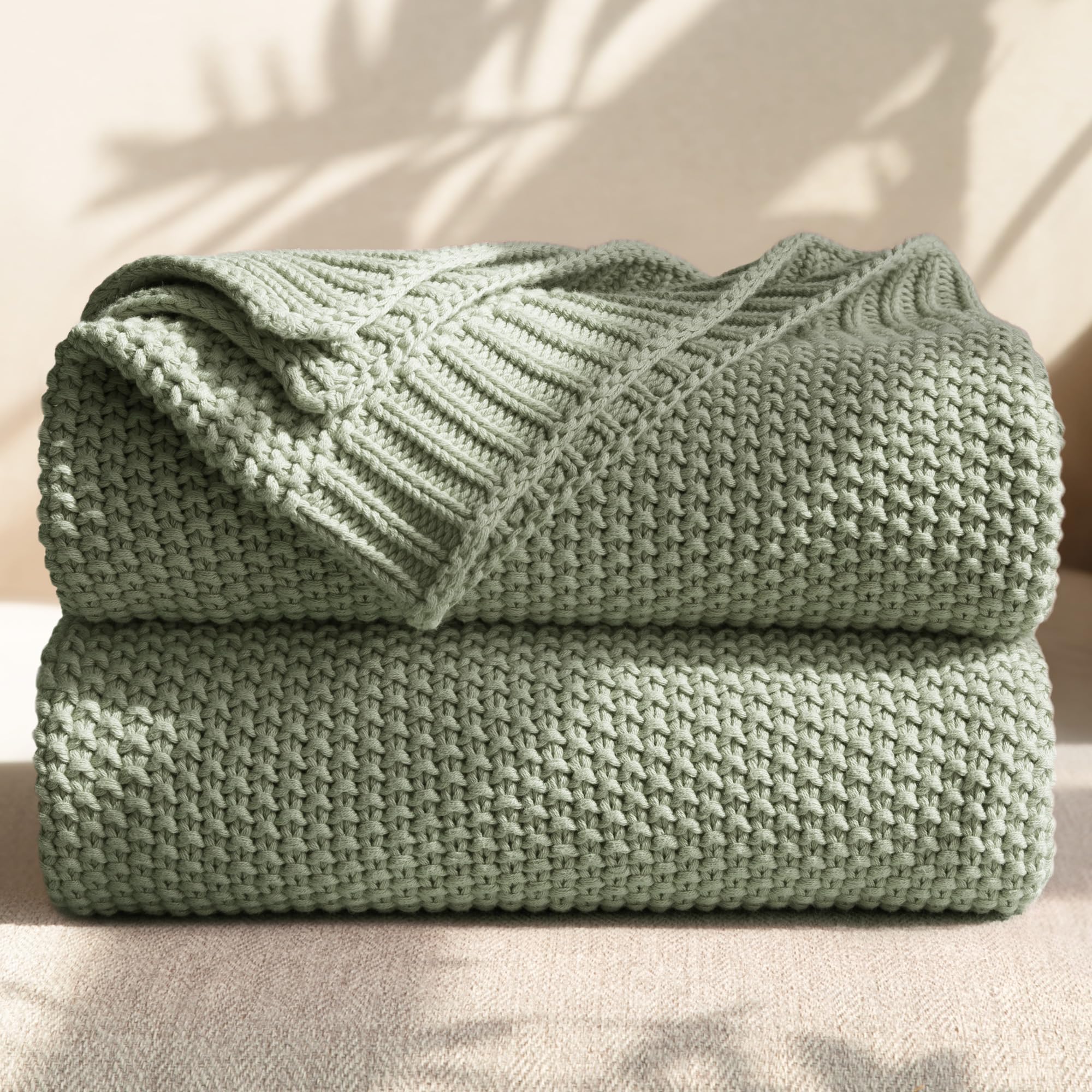 Photo 1 of blunique 100% Cotton Cable Knit Throw Blanket, Lightweight Soft Knit Blanket for Sofa Couch Bed, Breathable All-Season Throw, Cozy Decorative Blanket, 50 x 60 Inch,Sage