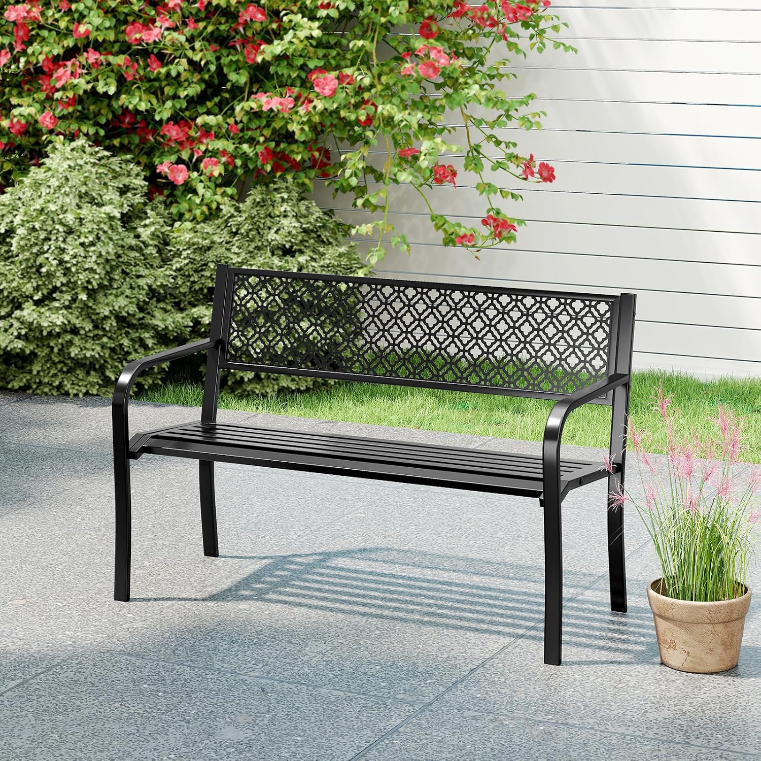 Tangkula 50 Inches Outdoor Garden Bench, Metal Patio Park Bench with Geometric Lattice Backrest, Armrests and Slatted Seat, Outdoor Loveseat Chair for Porch, Lawn and Yard (Black)