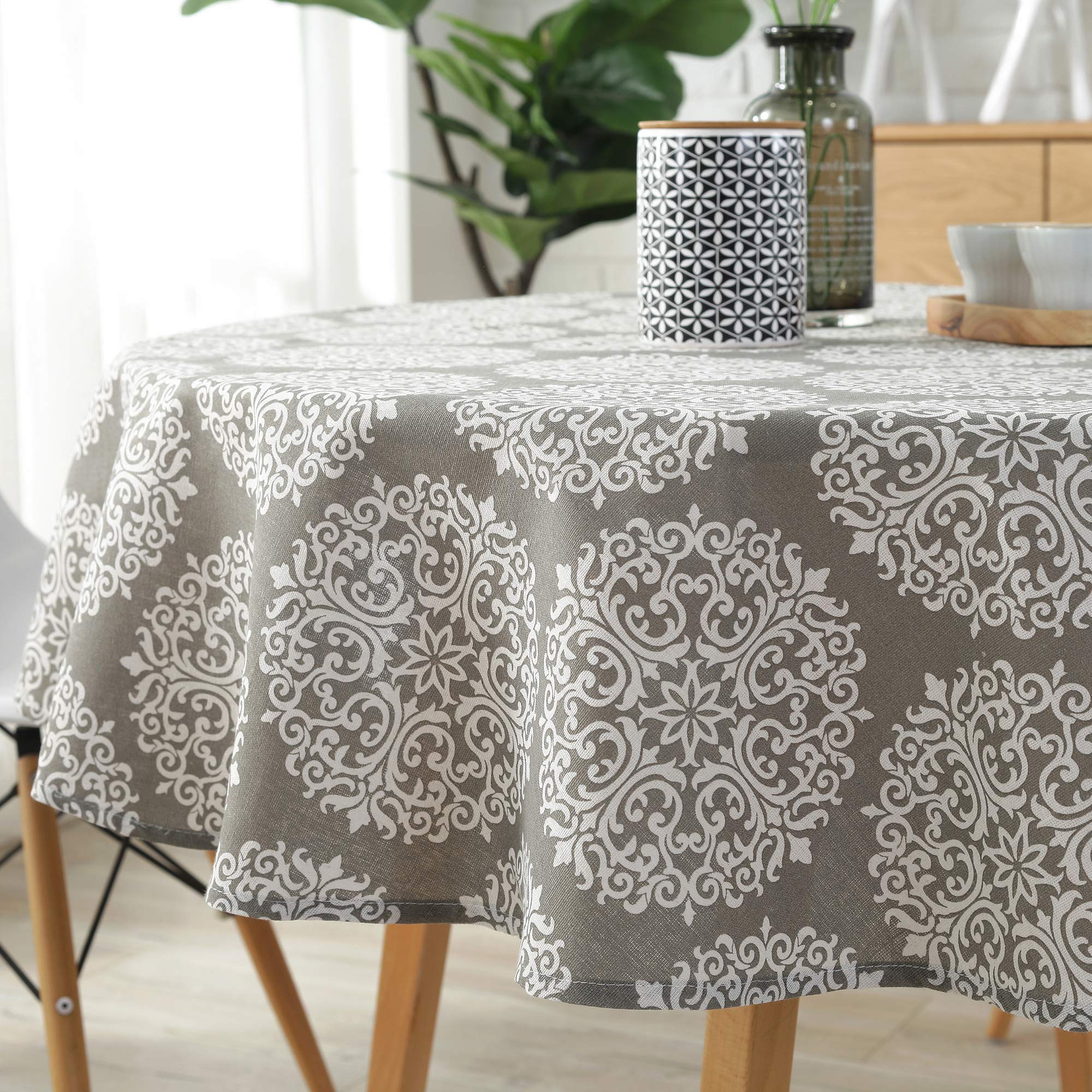 ColorBird Grey Medallion Tablecloth Cotton Linen Dust-Proof Table Cover for Kitchen Dinning Tabletop Linen Decor (Round, 6...