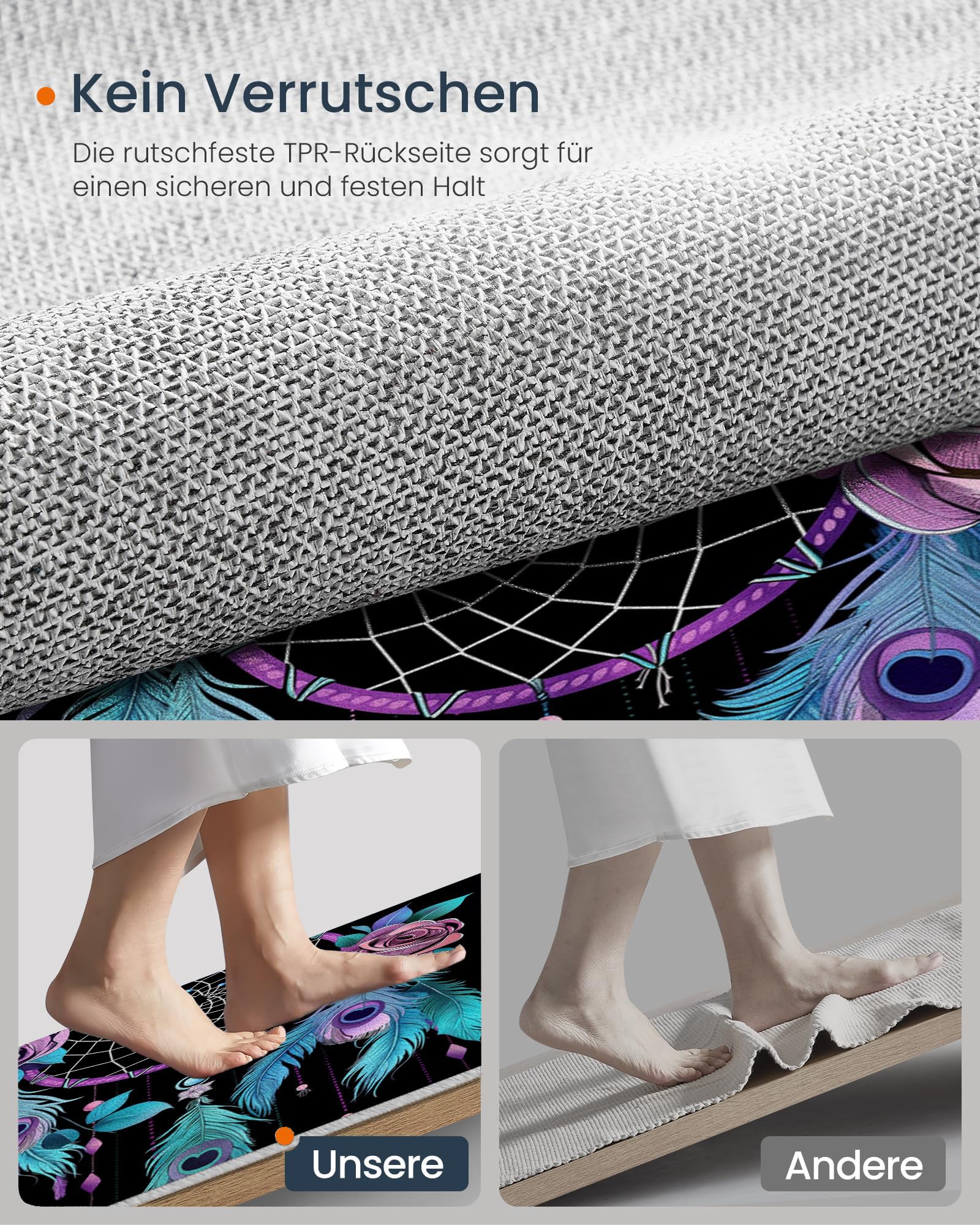 Kinder Teppich rund 120cm – Waschbar & rutschfest | Traumthema Aquarell-Traumfänger für Jungen & Mädchen – Kinderzimmer, Babyzimmer, Wohnzimmer – blau-violett
