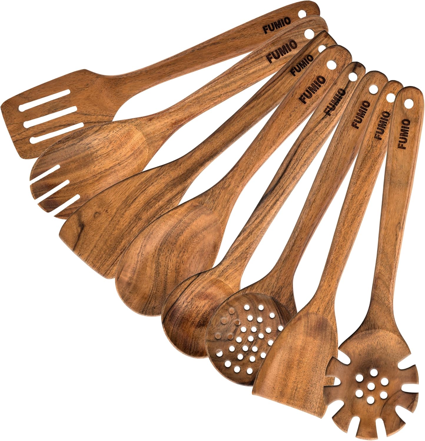 Acacia Wood Cooking Utensils Set (8-Piece) – Wooden Spoons & Spatulas for Cooking, Thick Long Handle Spoon, Flat Turner, Slotted Spoon, Nonstick Cookware Safe Kitchen Tools