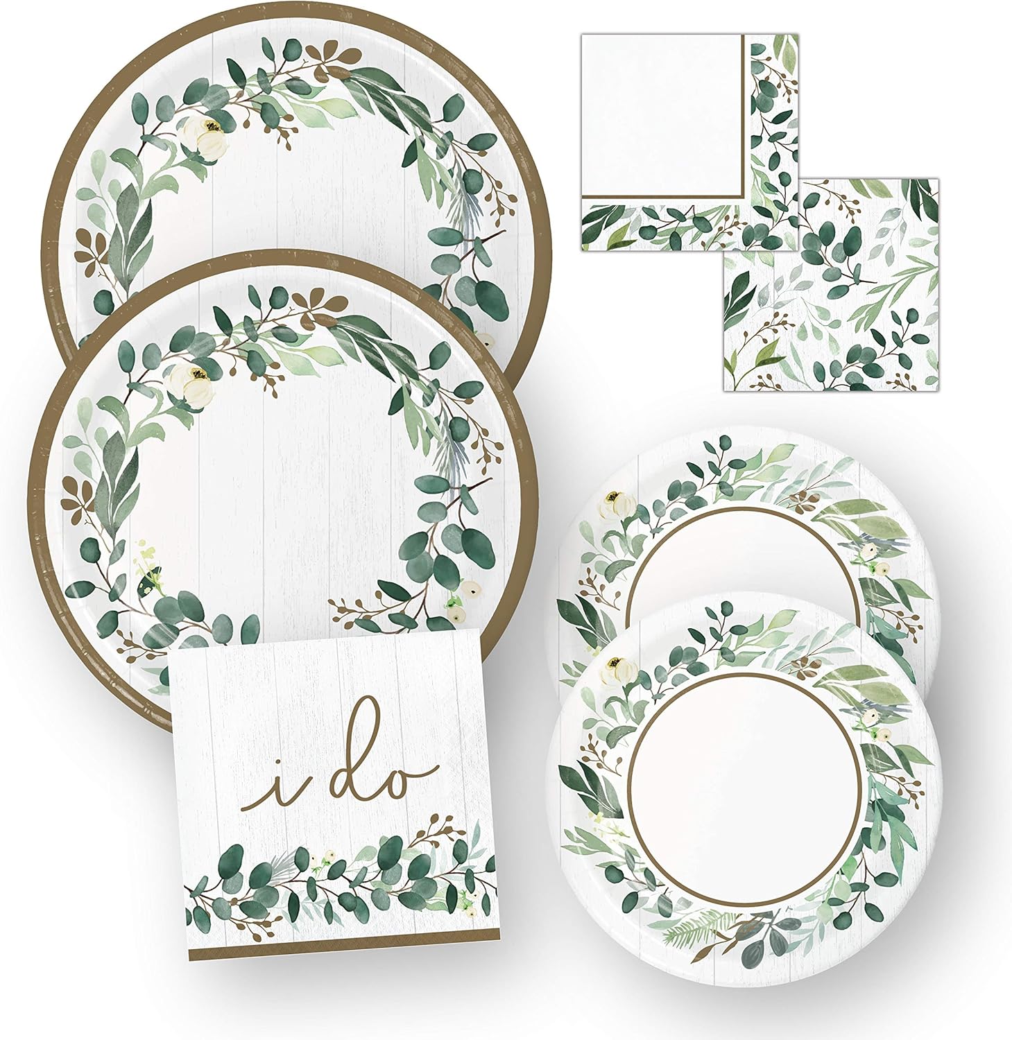 Stesha Party Eucalyptus Greens I Do Bridal Shower Plates and Napkins Wedding Set (64 Pieces)