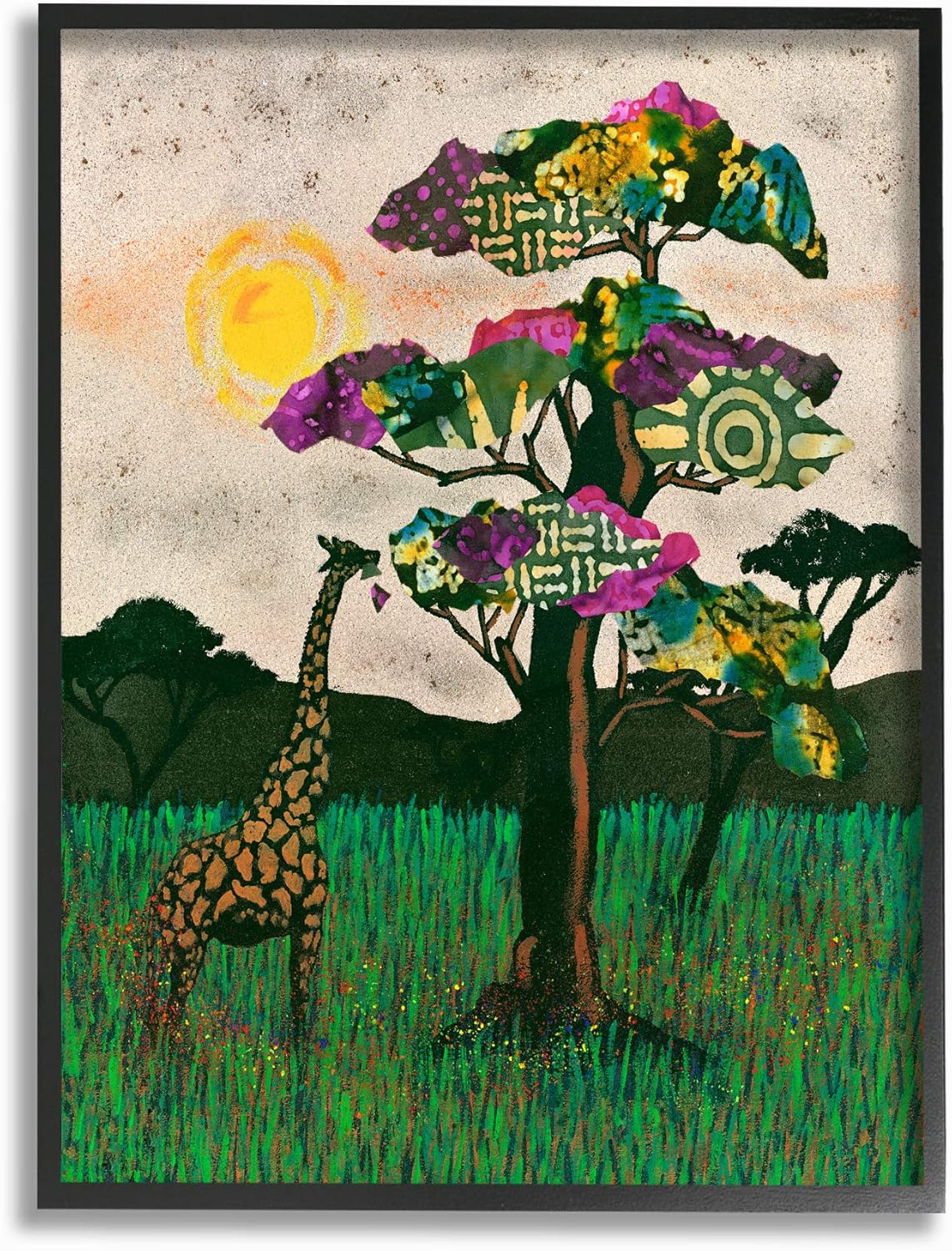 Stupell Industries Giraffe with Bright Green Pink and Purple Mixed Media Collaged Trees Canvas Wall Art, 24 x 30, Multi-Color