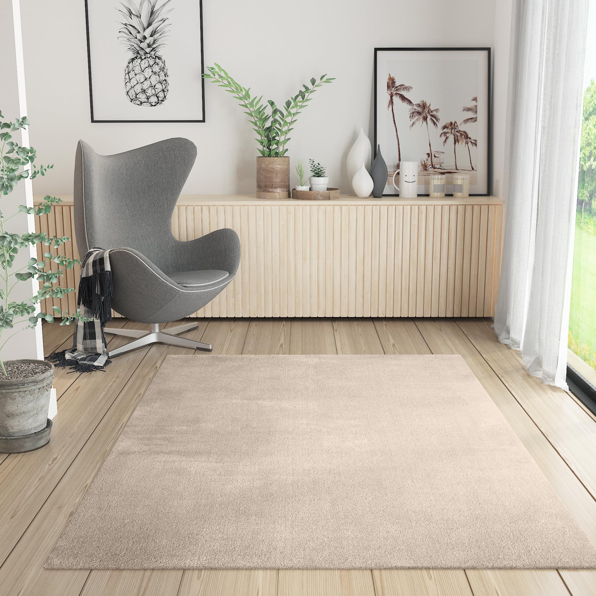 Alfombra de Salón Dormitorio Habitación Comedor Pelo Corto y Suave Grande 150x220 cm Beige Unicolor Moderna Nordica Lavable Antideslizante