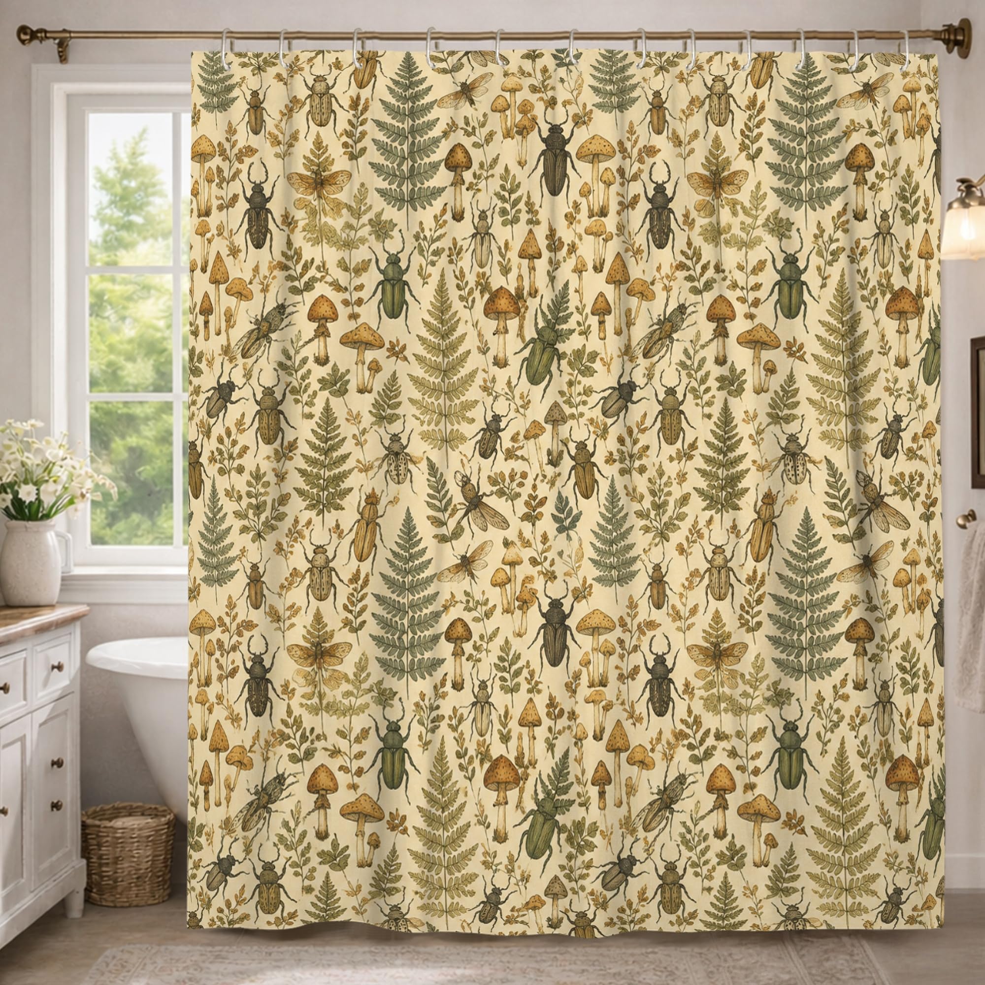 Rideau de douche extra long 183x243cm en polyester vert automne motif fougère rustique