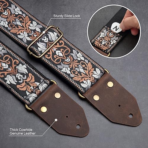 Miniatura 2 de Nefelibata Correa de guitarra, correas de guitarra de algodón bordado jacquard con extremos de cuero de caballo loco para bajo, eléctrico y