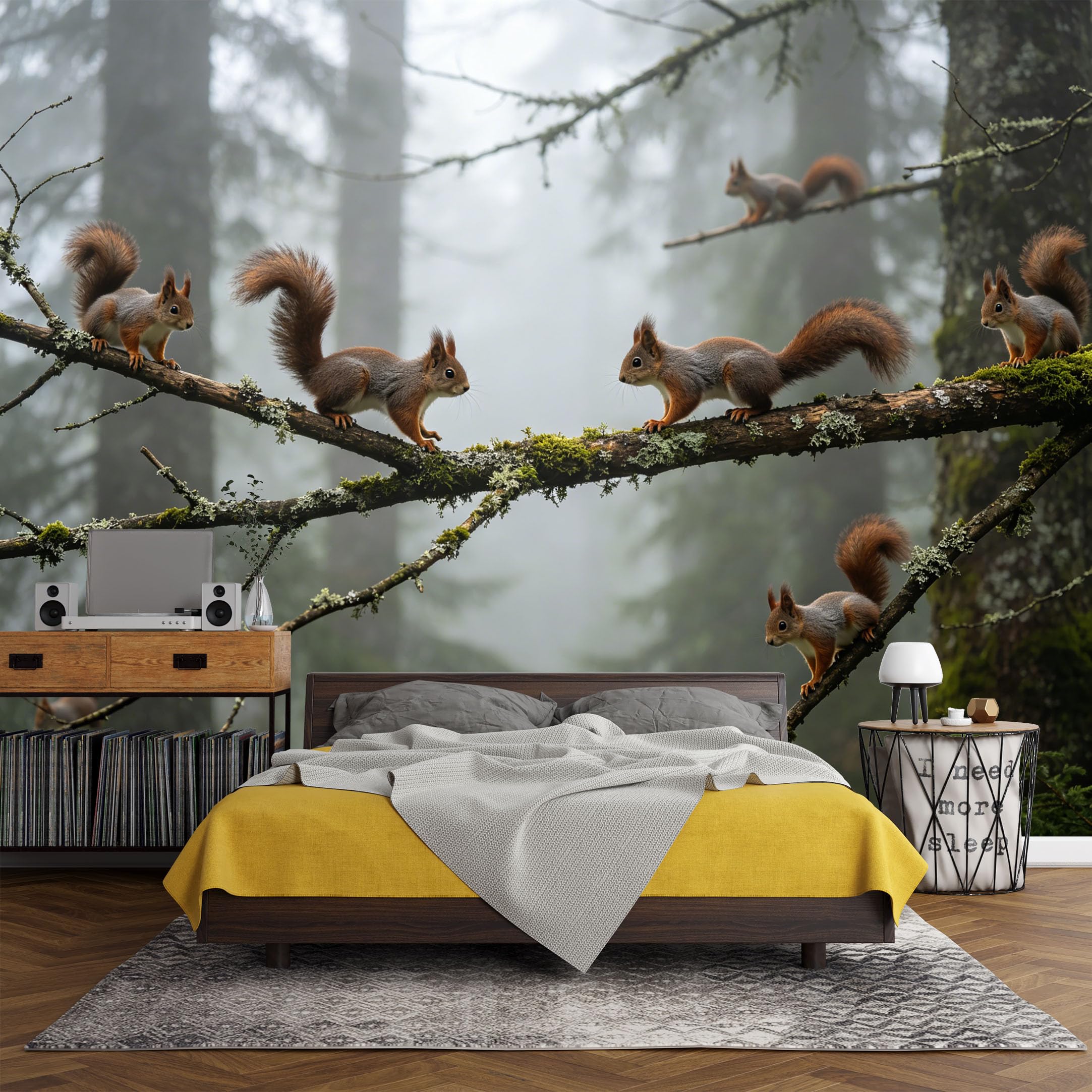 Custom Size Wall Mural， Forest Squirrel Misty Woodland Nature Landscape，SelfAdhesive Art Prints wall Fabric (No PVC) Removable Wallpaper Living Room Decor