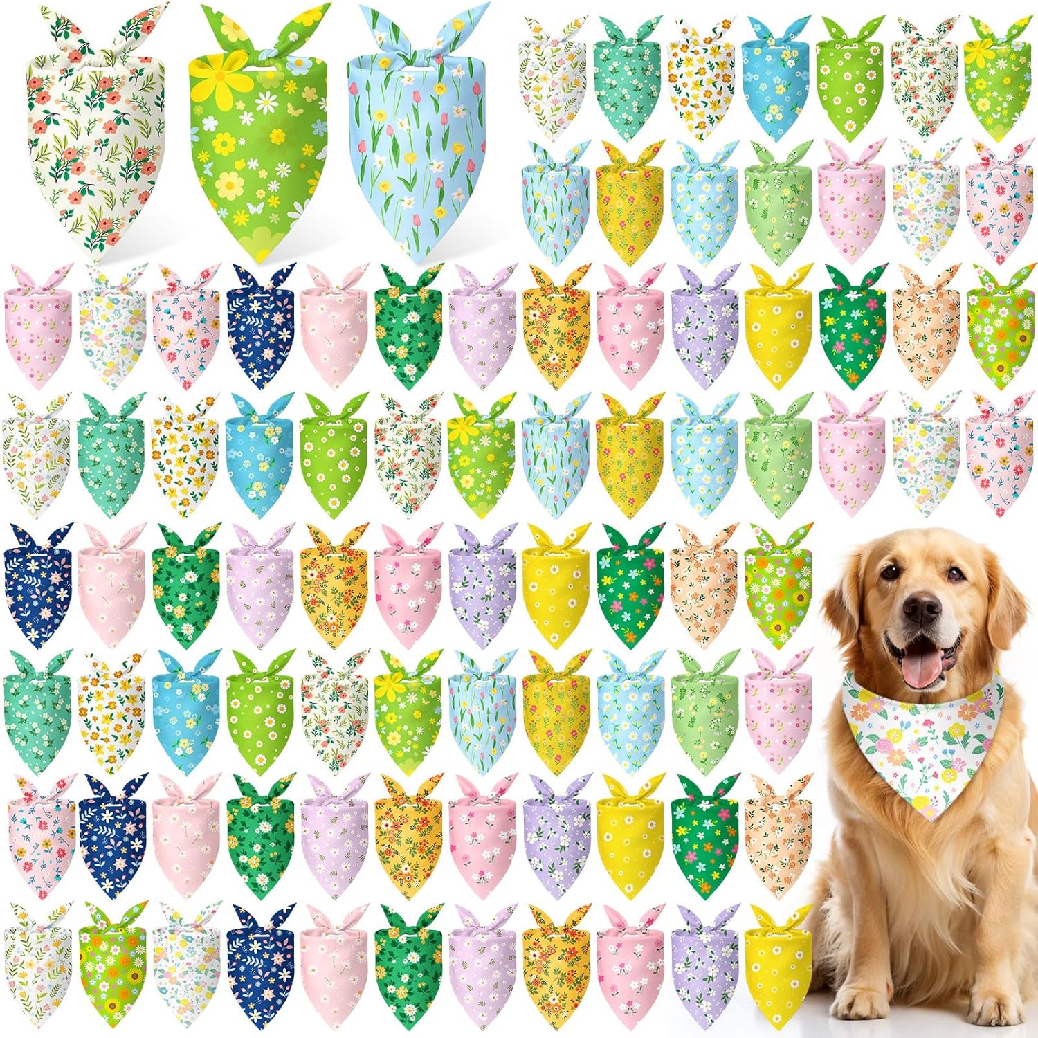 Abbylike 100 Pcs Spring Dog Bandanas Bulk Flower Daisy Sunflowers Bandanas for Dogs Triangle Kerchief Bibs Scarf for Pet Spring Costume Photo Props Pet Shops Groomer, 25 Styles (31.5 x 21.7 x 21.7)