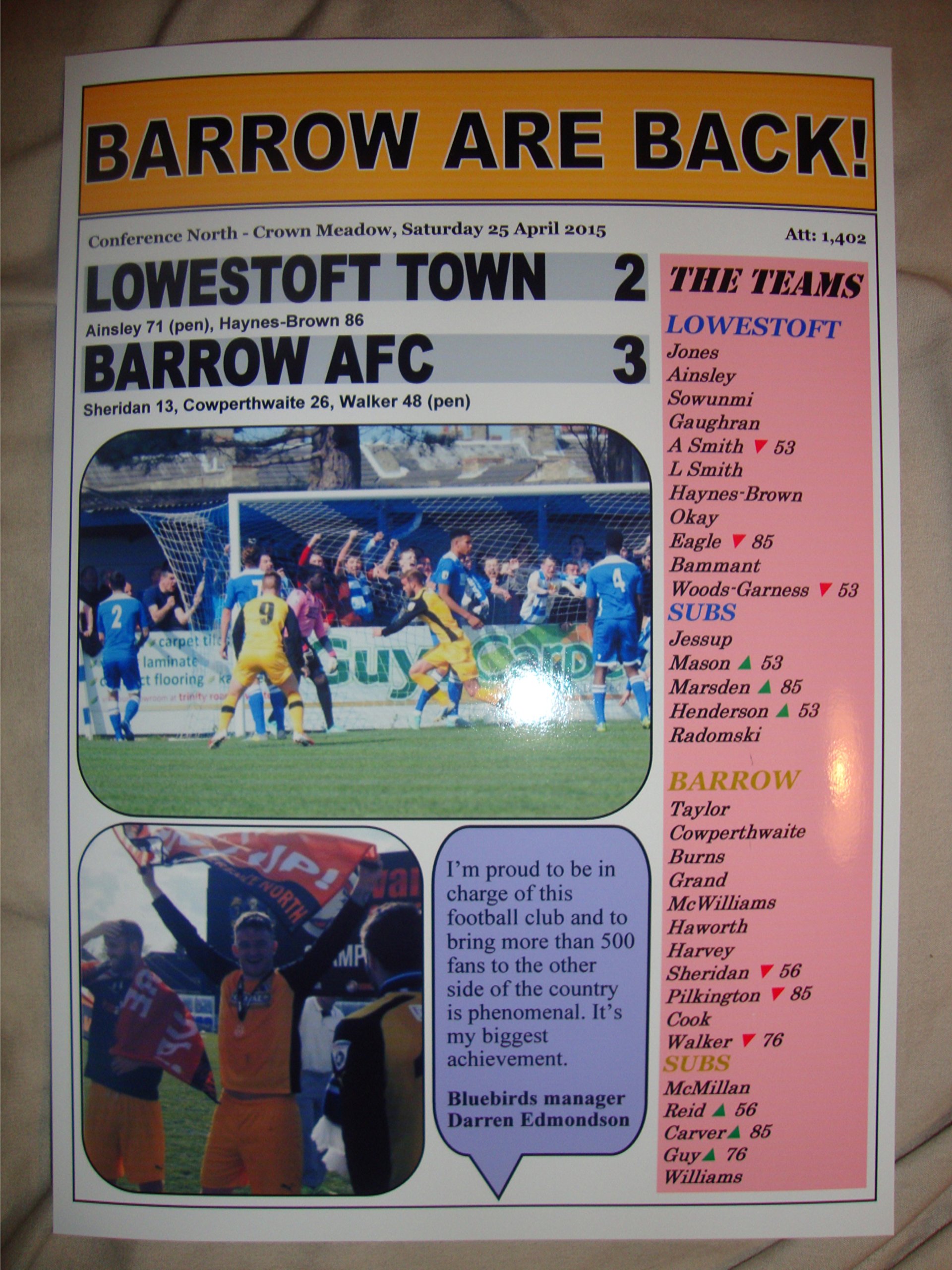 Lilywhite Multimedia White Lily Multimedia Lowestoft Town 2 Barrow Afc 3 - Barrow Champions - 2015 - Souvenir Print