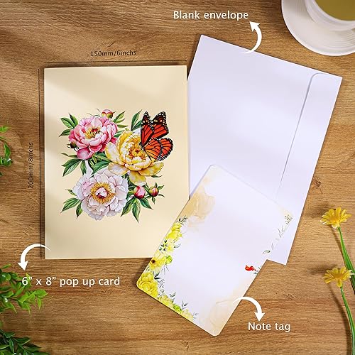 Miniatura 4 de Tarjeta de flores desplegables, tarjeta de felicitación, tarjeta desplegable 3D de mariposa y peonía rosa de 6 x 8 pulgadas, para el día de la