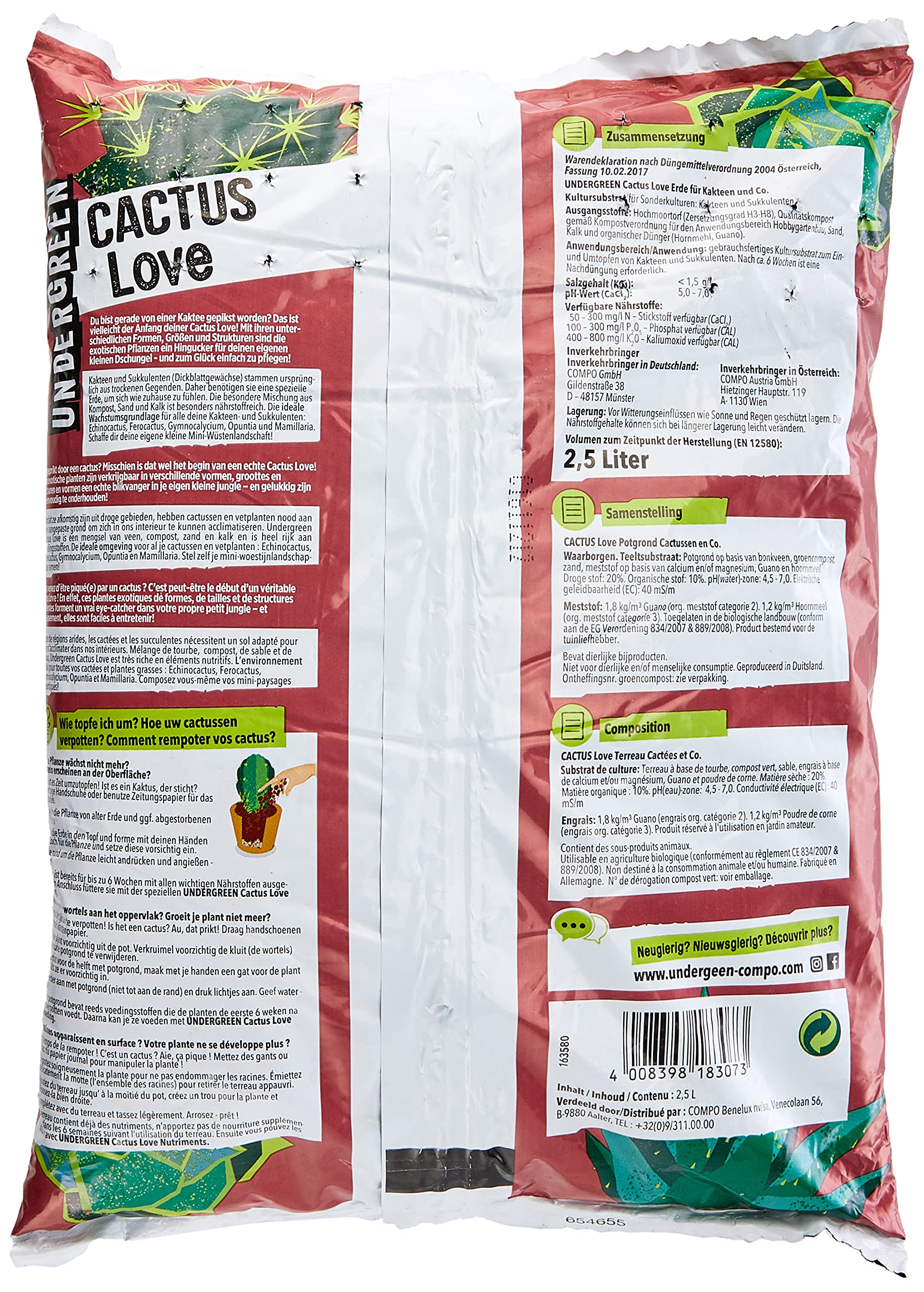 Undergreen by COMPO Cactus Love, Kakteenerde, Erde fr Kakteen und Co, Bio,  Kultursubstrat, 2,5 Liter, Nicht Zutreffend : Amazon.de: Garten