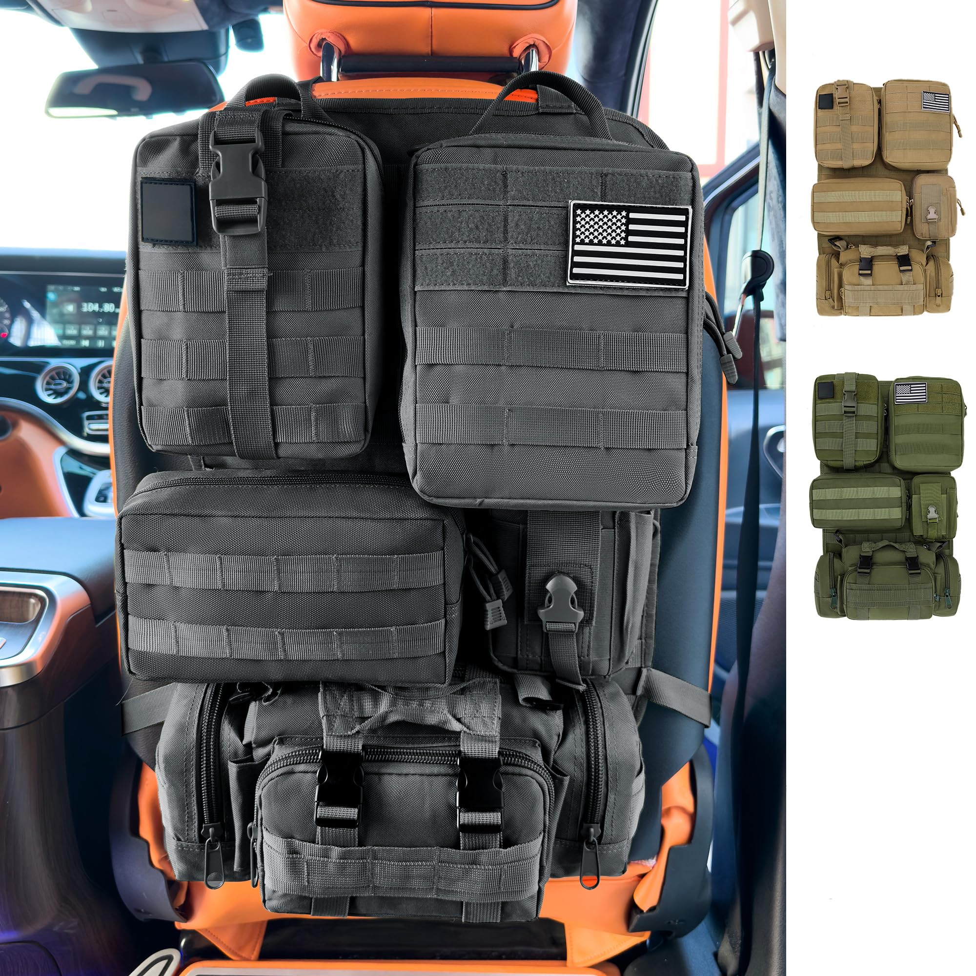 6 Pack Tactical MOLLE Car Seat Back Organizer - Universal Vehicle Storage Bag with 5 Detachable MOLLE Pouches, US Flag Patch & Keychain, Fits Jeep, Truck, SUV, Car (Black)