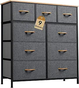 DWVO Dresser with 9 Drawers - Fabric Storage Tower, Organizer Unit for Living Room, Hallway, Closets - Sturdy Steel Frame, Wooden Top & Easy Pull Fabric Bins (Dark Black Grey)