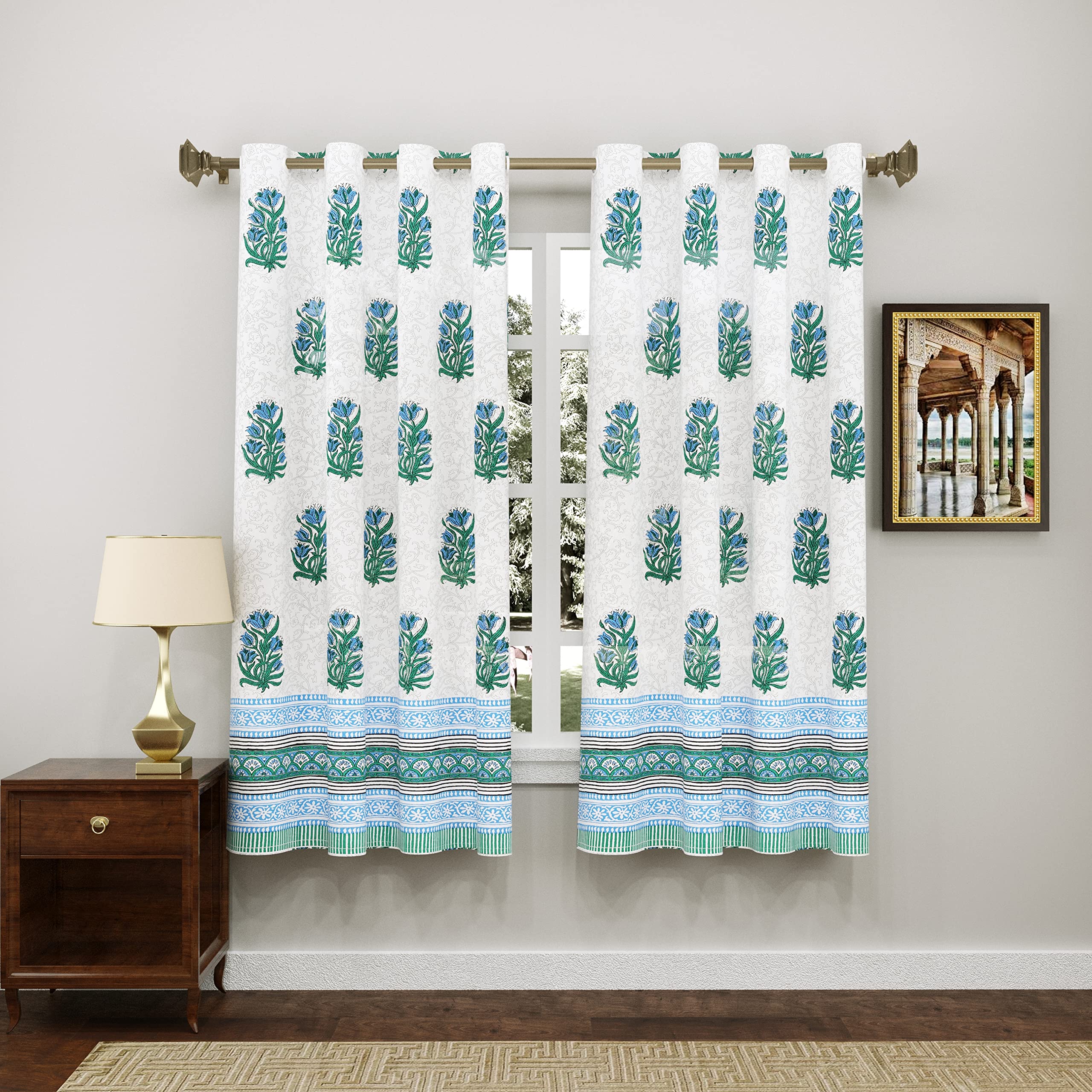 BLOCKS OF INDIA Hand Block Printed Cotton Daylight Curtains with Eyelets(Set of 2 Curtains) (Flower 2, 5 FEET/Window)