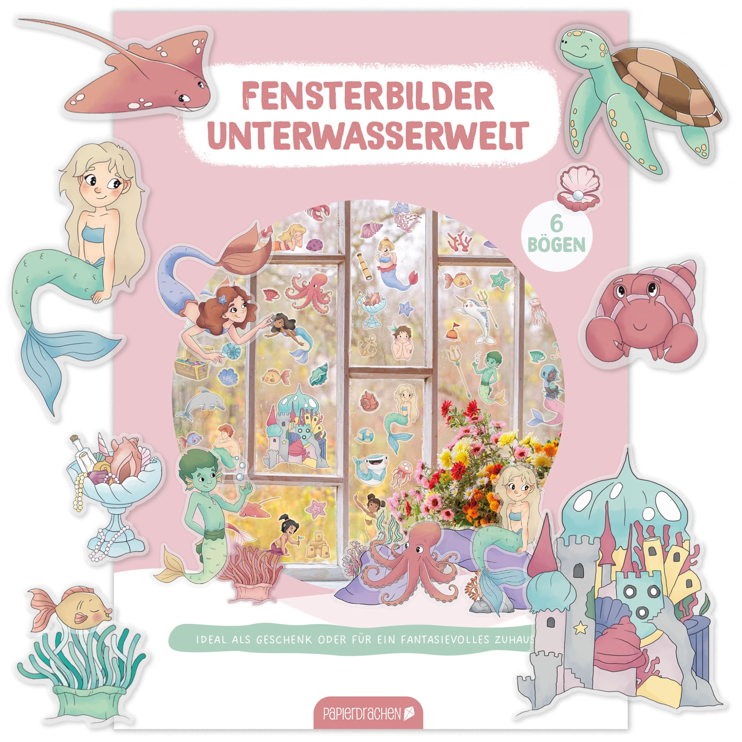 Papierdrachen Fensterbilder Meerjungfrau - 6 Bögen Fenster-Sticker & Aufkleber - Statisch haftend & Wiederverwendbar - Deko Kinderzimmer Unterwasserwelt