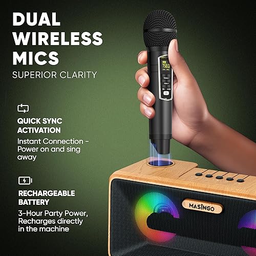 Miniatura 12 de MASINGO máquina de karaoke para adultos y niños, con altavoces Bluetooth portátiles, 2 micrófonos inalámbricos, luces LED, sistema PA y modo karaoke