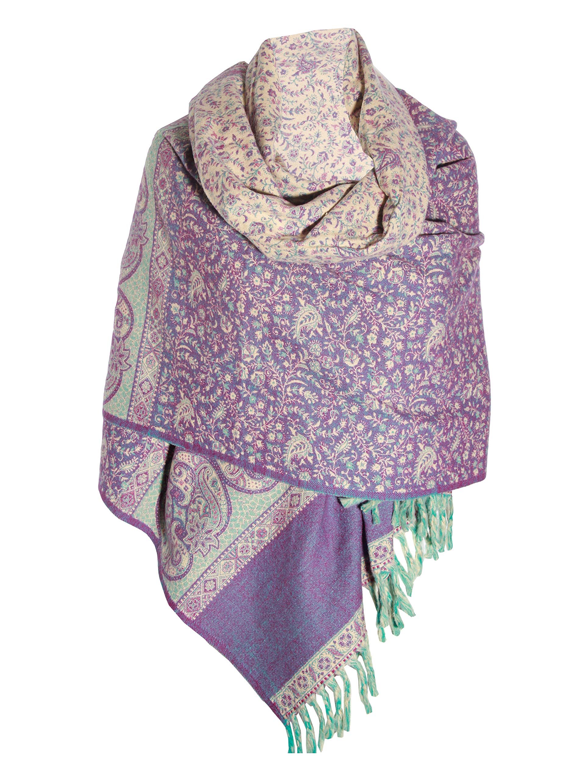 TIBET Paisley-Schal, handgefertigt, reine Yakwolle, doppelseitig, übergroß, Violett / Beige, Lila Beige, One size