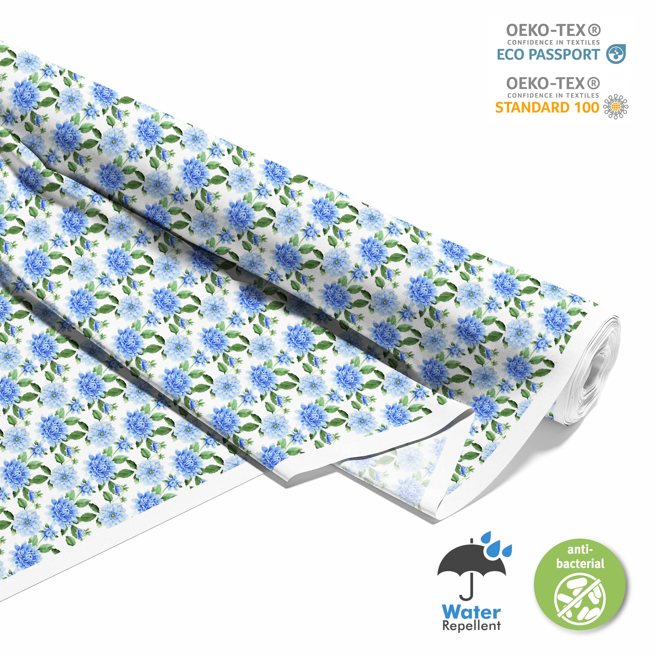 HEKO PANELS Oxford Wasserdichte Meterware Canvas-Stoff Polyester Zum Nähen Möbelstoffe Dekostoffe Handwerken Wasserabweisend Blickdicht Dahlien Blau 5 Meter 155 x 500 cm