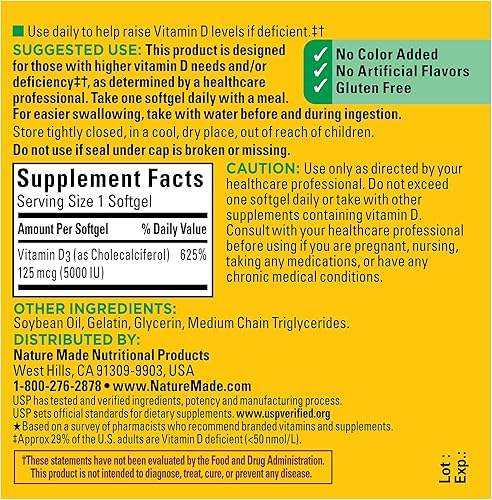 Miniatura 5 de Nature Made Extra Strength Vitamina D3 5000 IU 125 mcg suplemento dietético para huesos dientes músculos e inmunes 180 cápsulas blandas y suministro