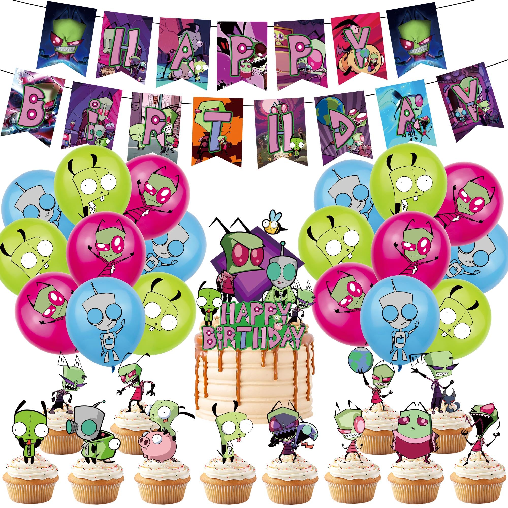 Invader Birthday Party Decoration, Include Zim Theme Birthday Banner, Cake Topper, Latex Balloons, for ๐๐ท๐ฟ๐ช๐ญ๐ฎ๐ป ๐ฉ๐ฒ๐ถ Party Supplies for Adults, Teens Fans