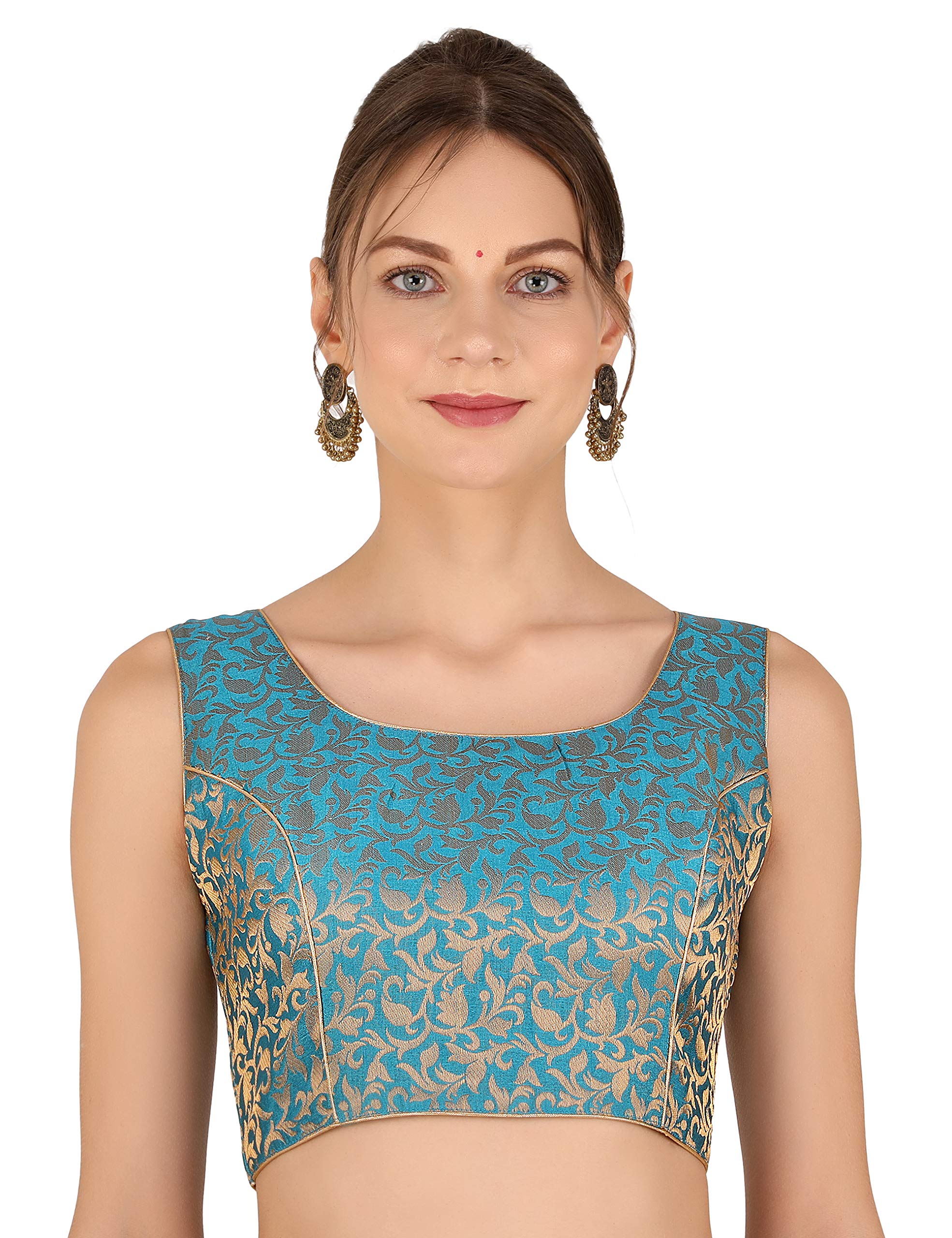 Women Brocade Chanderi Sleeveless Saree Blouse-image-3
