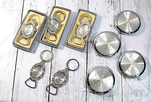 24 elegantes recuerdos de Cenicienta dorada y plateada para quinceañera dulce 15 16 recuerdos de fiesta Espejo compacto abrebotellas llavero bautismo