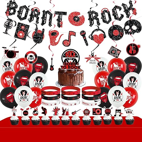 Decoraciones de fiesta de rock and roll, incluyendo pancarta de Born to Rock, remolinos colgantes, adornos para pasteles, globos, pulseras,
