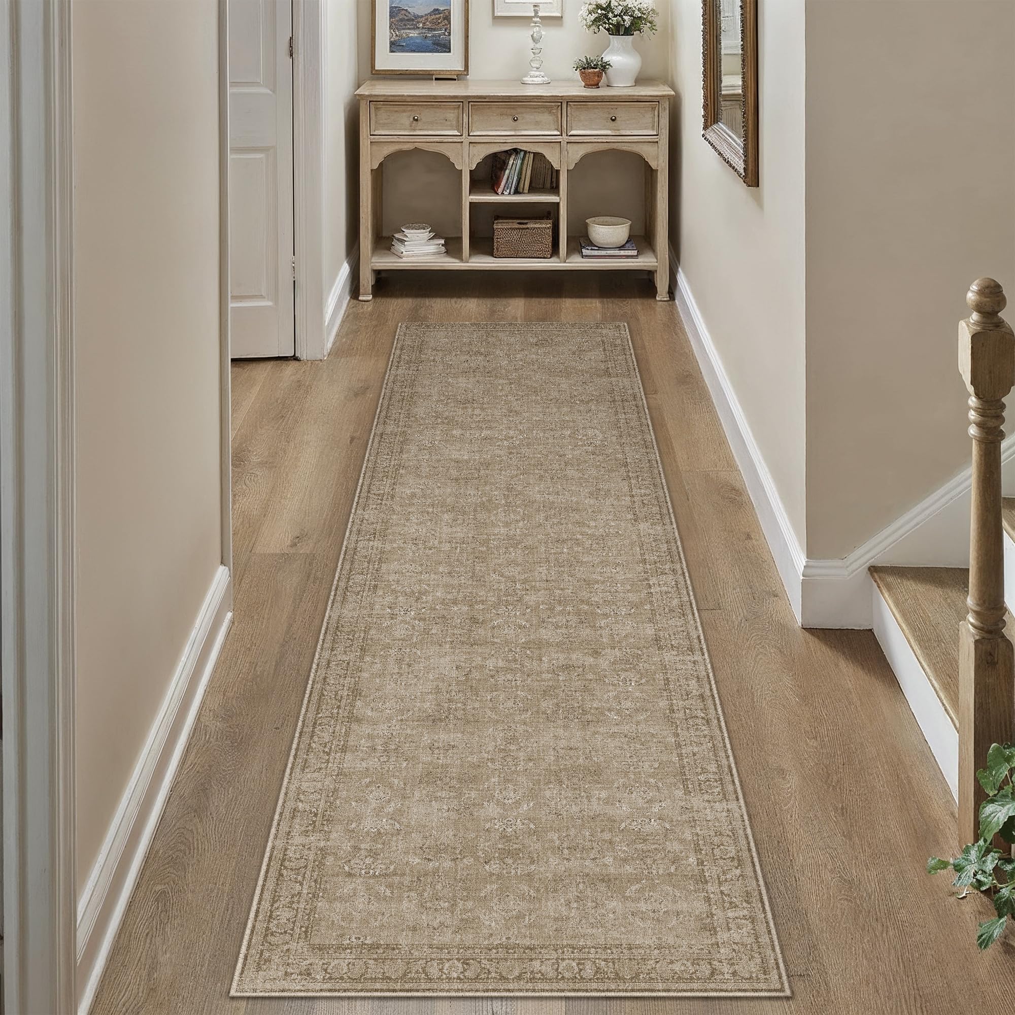PureCozy 2x8 Light Brown Area Rug Runners for Hallways Washable Vintage Distressed Carpet Low Pile Non Slip Indoor Retro Soft Long Accent Rug Bedroom