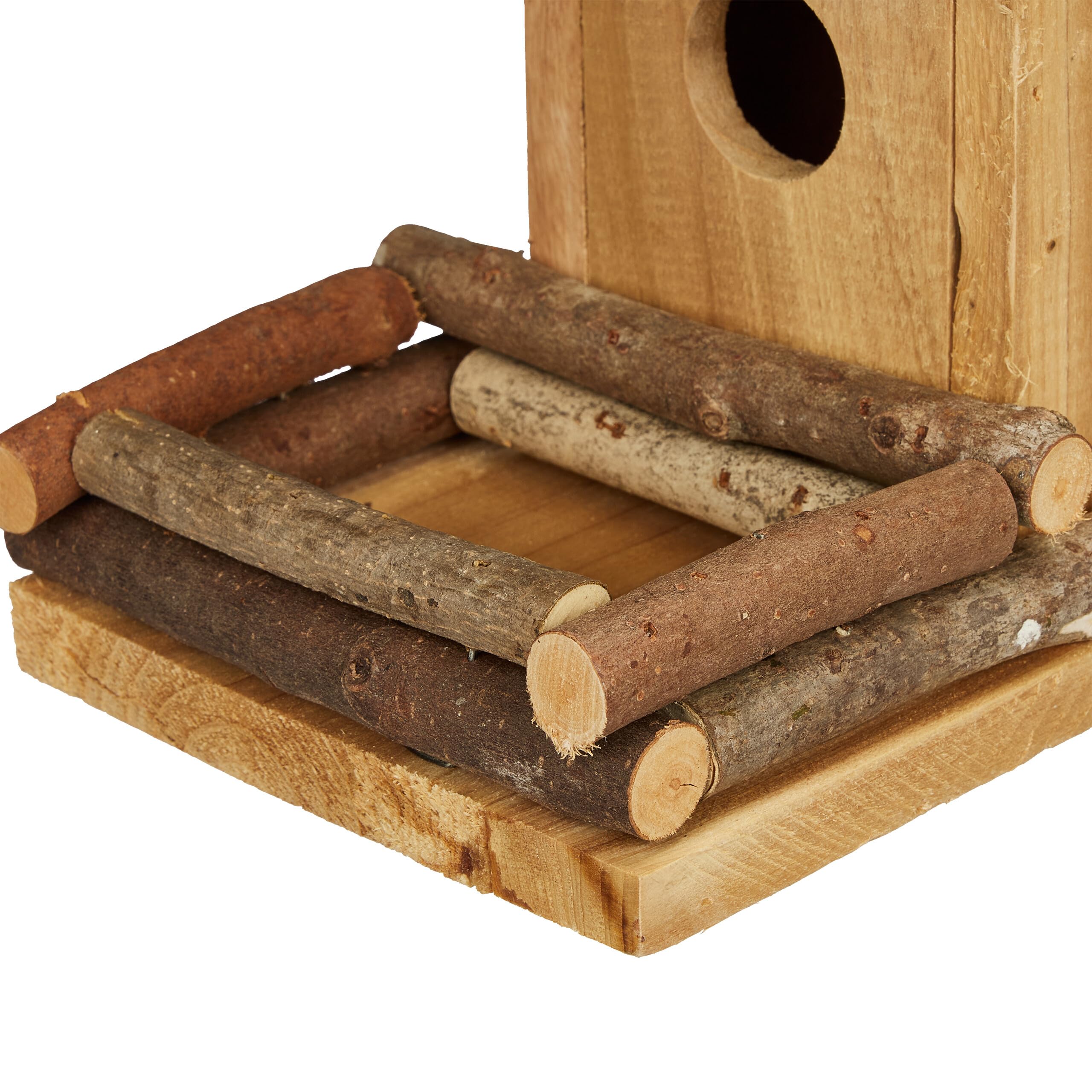 Relaxdays Casetta Decorativa per Uccelli con Mangiatoia, Casa per Uccellini da Esterno, 21x21x12,5 cm, Legno, Naturale