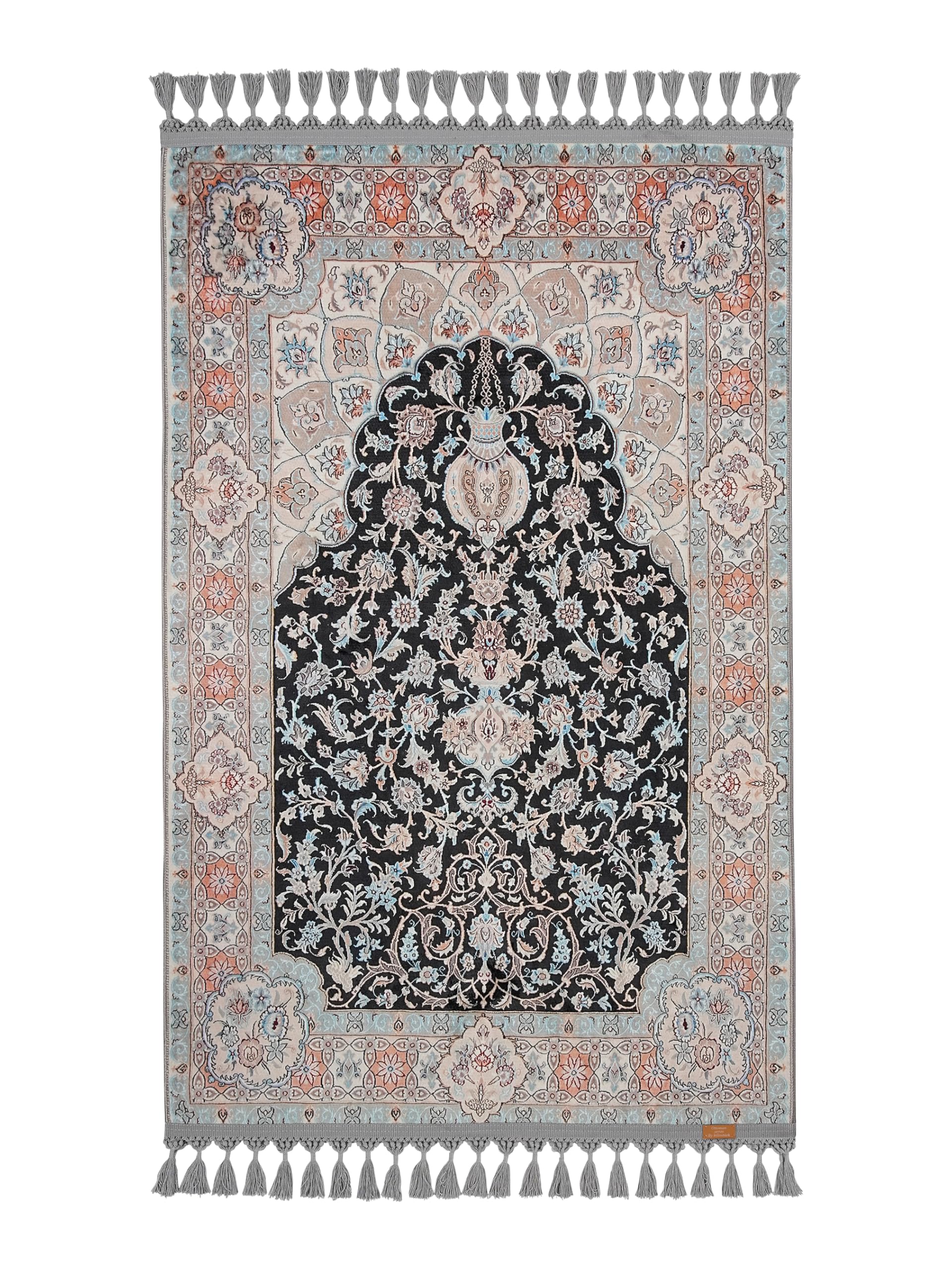 Alfombra de oración turca floral gris diseño oriental con flecos decorativos