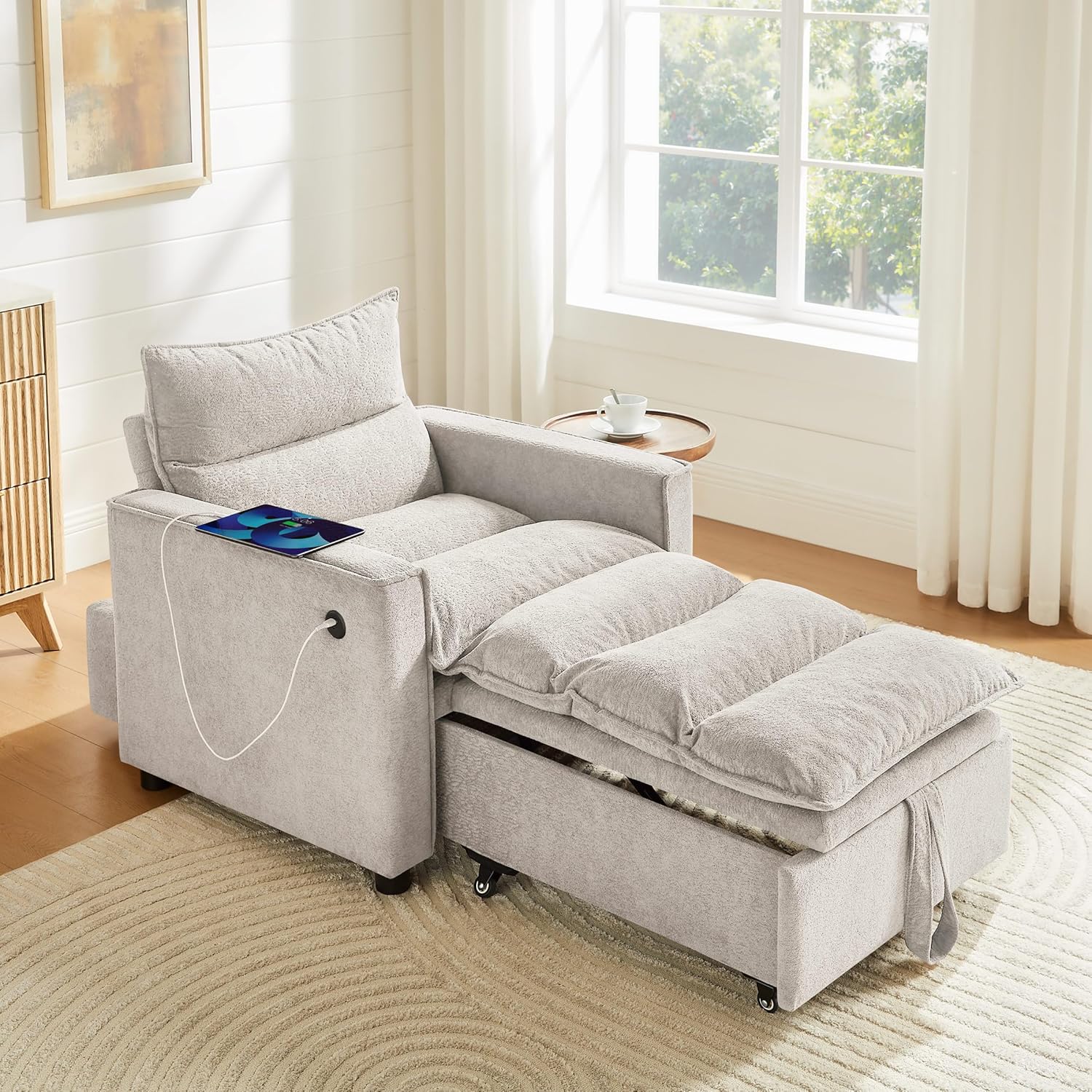 sleeper chair sofa bed convertible pull-out couch, 3-in-1 futon sofa with usb & type-c ports, multi-functional modern chaise lounge armchair for living room bedroom office small space, camel