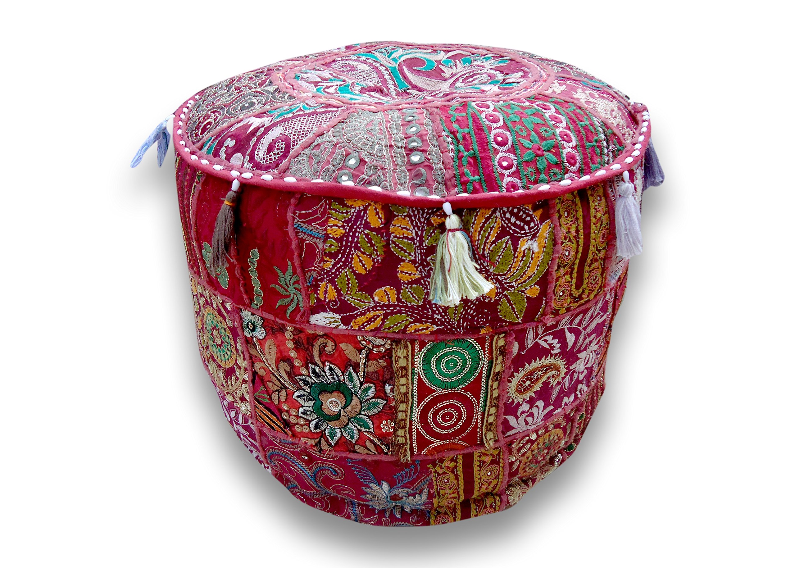 Sophia-Art Indian Embroidered Patchwork Cover Indian Decorative Pouf Indian Comfortable Floor Cotton Cushion Ottoman Pouf,Indian Designs Ethnic Patchwork Pouf (Dark Pink, 18"x13")-image-23