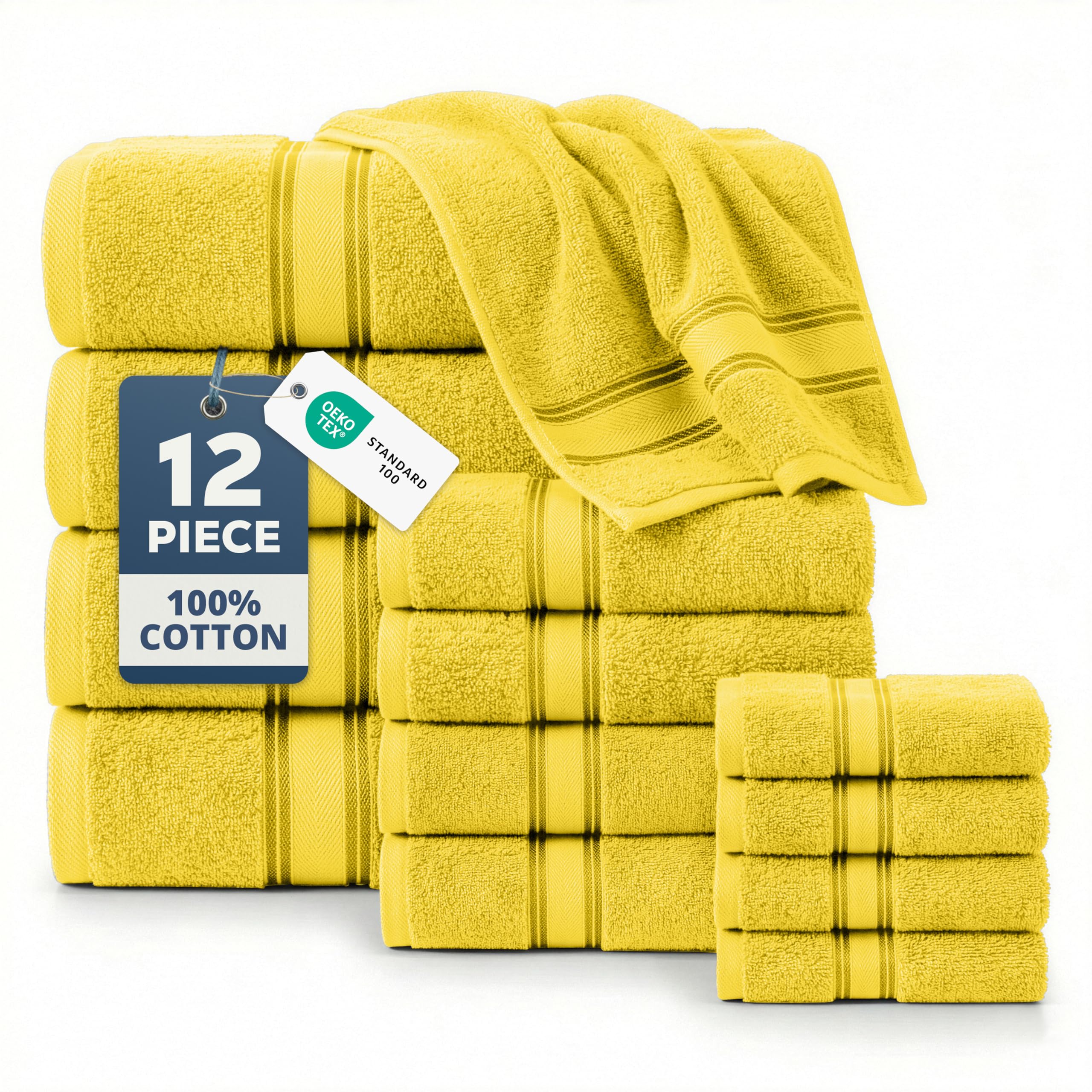 LANE LINEN 12 Pack Towels for Bathroom – 100% Mercerized Cotton, 4 Bath, 4 Hand & 4 Wash Cloth, Zero Twist Soft Towels, Oeko Tex Certified Hotel