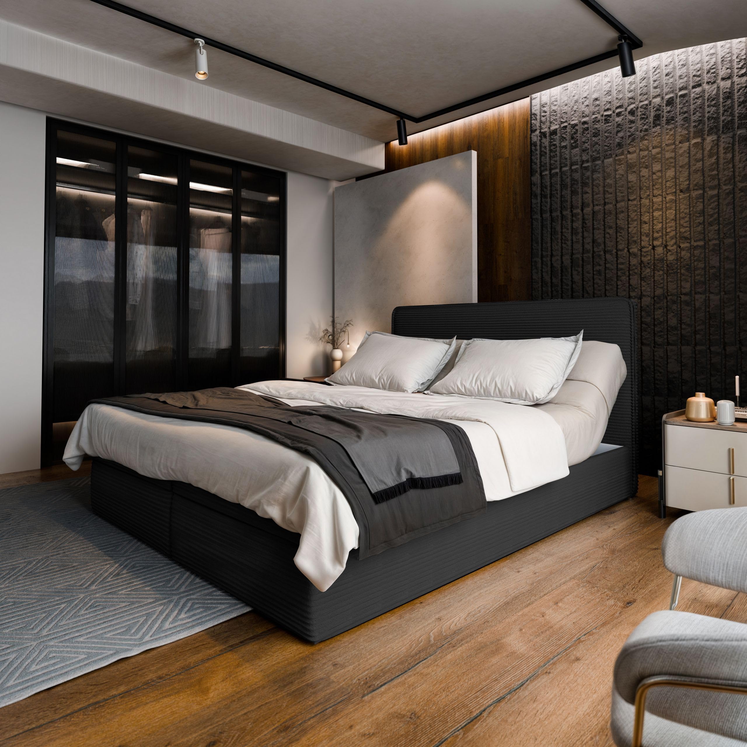 Masseno Boxspringbett Astor 180x200 cm Komplett-Set mit Matratze und Topper, Polsterbett mit Zwei Bettkästen -Schwarz, Lincoln 100