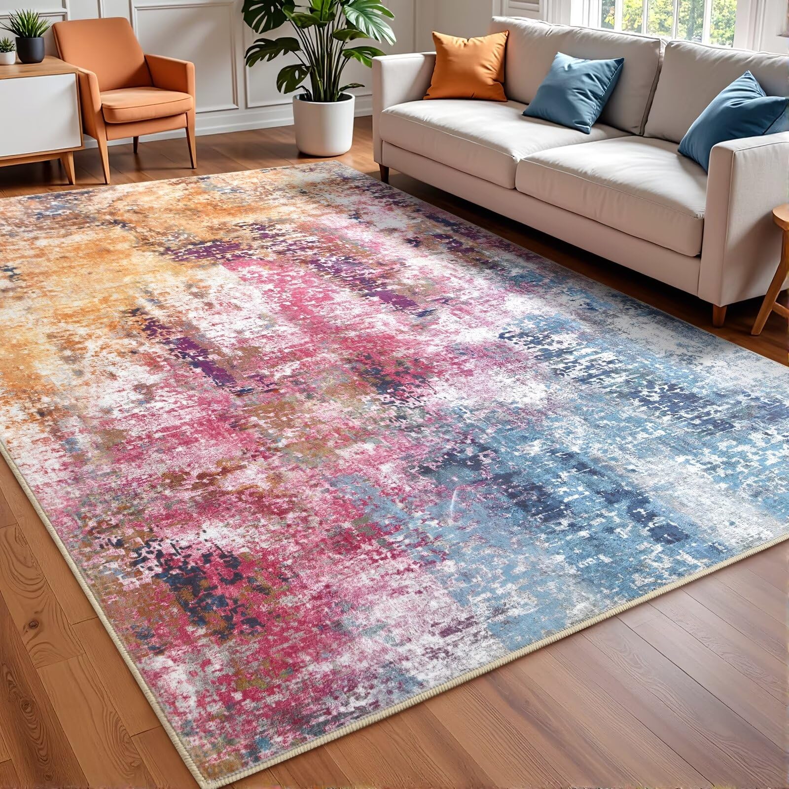 Macgace Washable Abstract Rug, 3x5 Modern Area Rugs with Non-Slip Rubber Backed for Bedroom, Thin but Soft Contemporary Carpet Kitchen Living Room