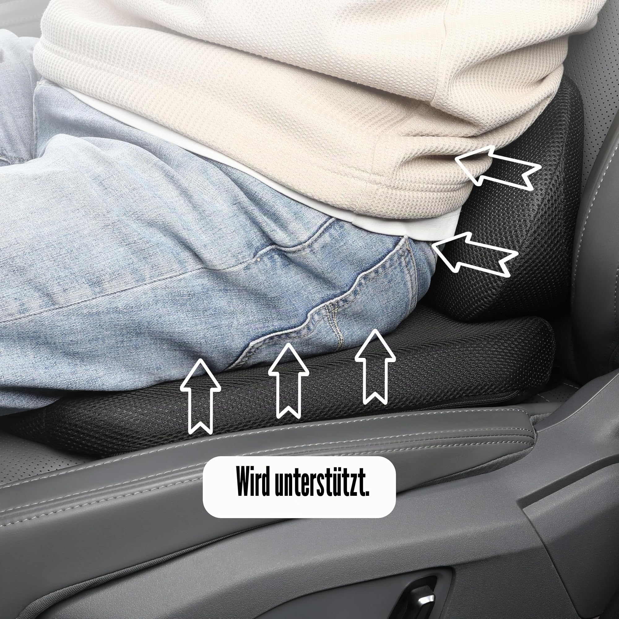 Auto Sitzkissen & Lendenstutzkissen Set,keilkissen auto,erhohte Fahrsicht,aufrechte Sitzhaltung, Ruckenentlastung, atmungsaktiver Stoff,mittlere Harte, hochdichter Schaumstoff