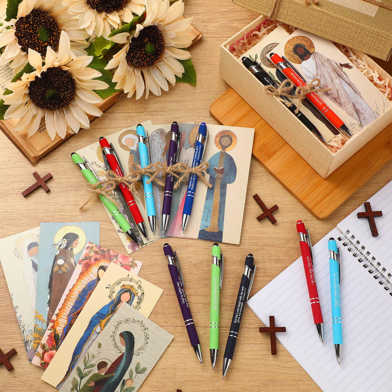 49 Pcs Catholic Saints Gifts Bulk Religious Prayers Bookmarks Bible Verse Ballpoint Pen Set for Reading Bible Study Inspirational Graduation Catholic Gift for Men Women Church School Office Supplies