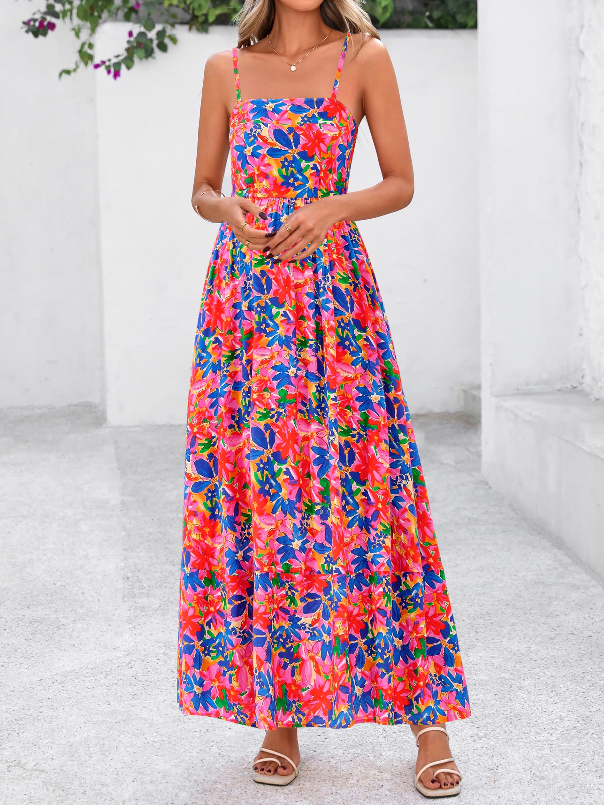 PRETTYGARDEN Sommerkleid für Damen, Spaghettiträger, Blumenmuster, Boho-Stil, für Party und Hochzeit