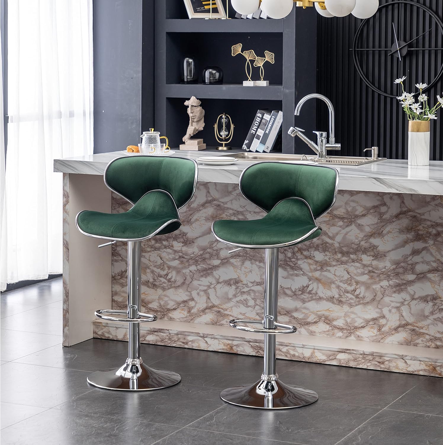 Vina Velvet Upholstered Adjustable Swivel Barstool, Set of 2, Green