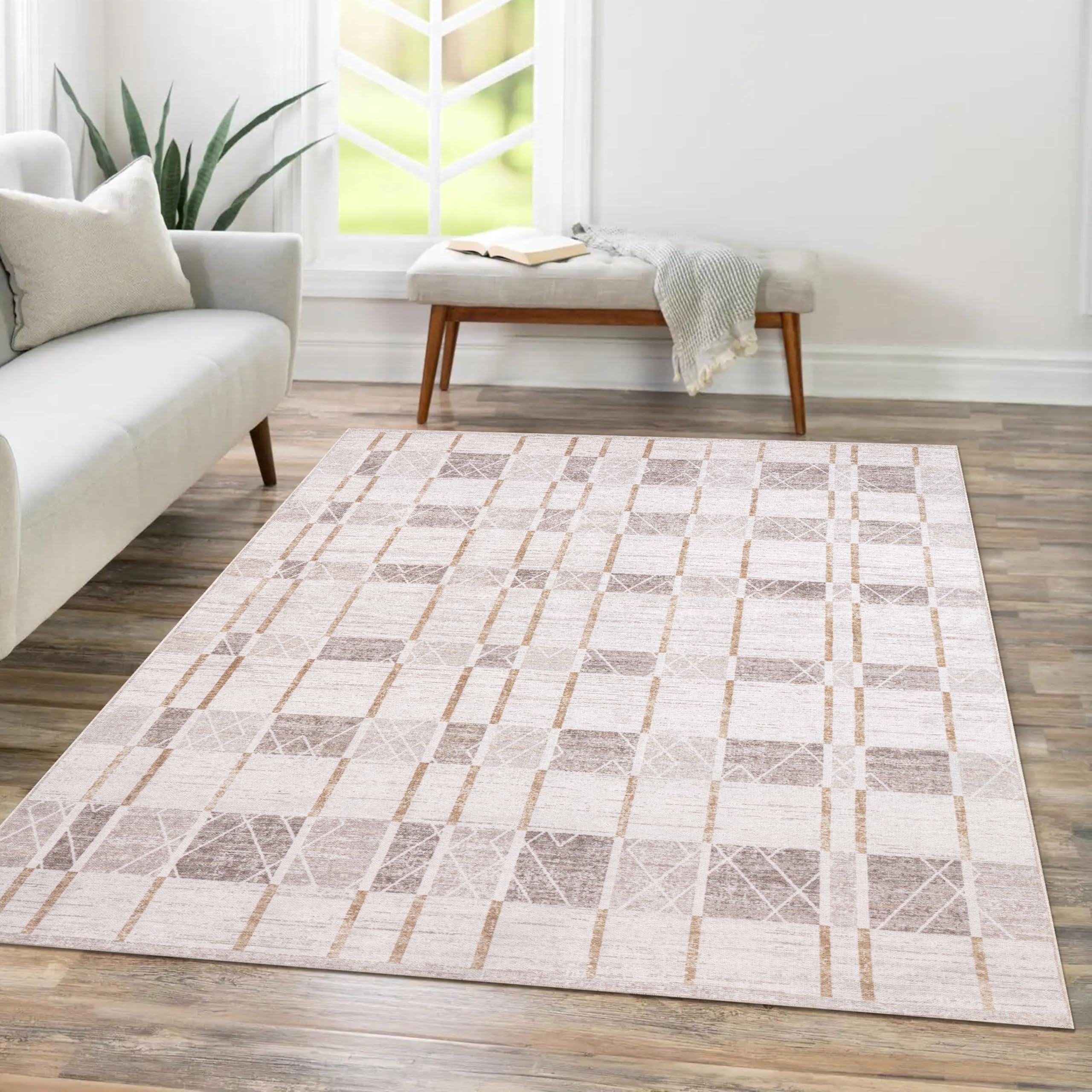 Geometric Washable Rug, Kid and Pet Friendly, Non-Slip, High Traffic Durable, Great for Living Room, Bedroom, Complements Décor Styles, Precision Made, 6x9