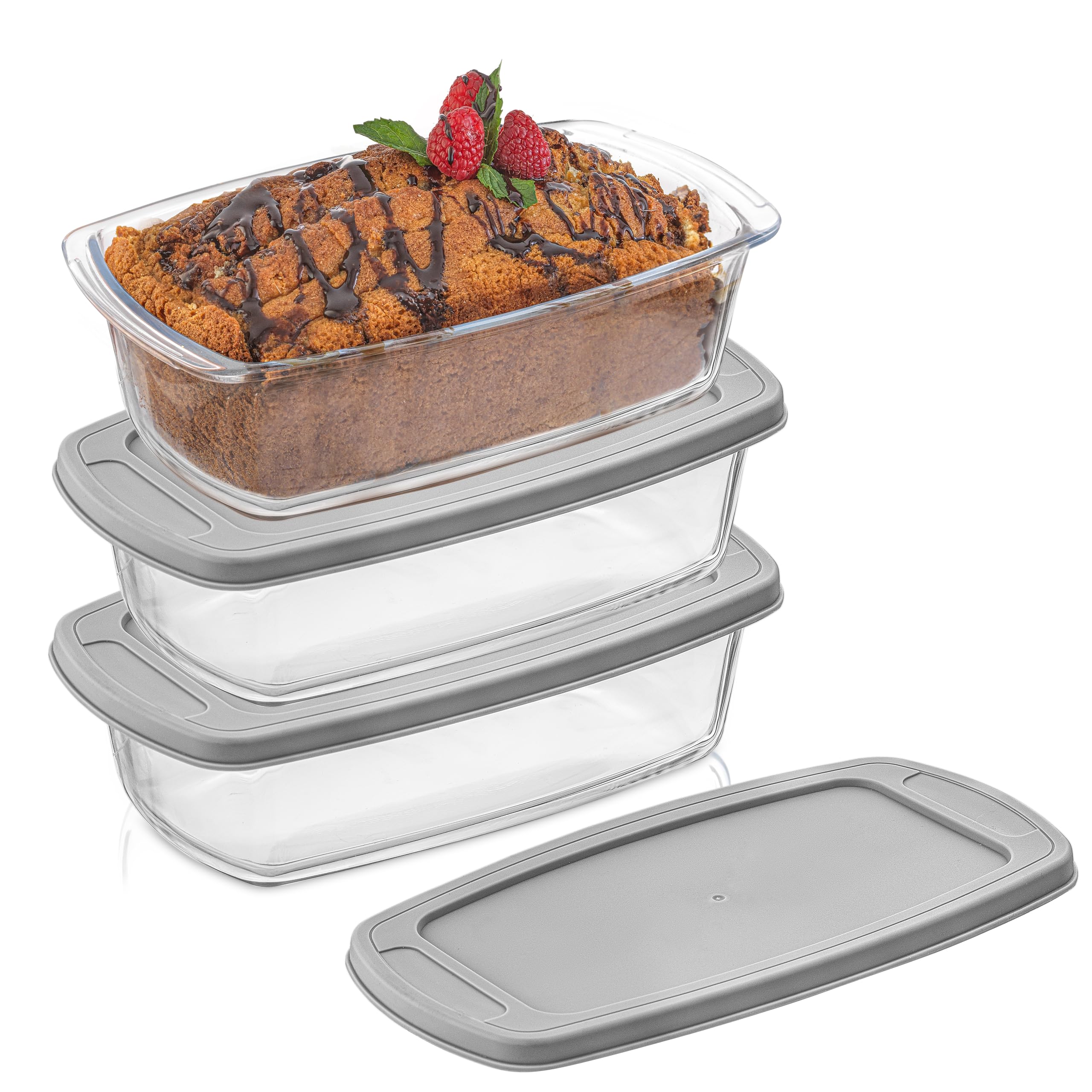 JoyJolt Lot de 3 moules à pain rectangulaires en verre avec couvercle pour la cuisson du pain, récipient de stockage du pain, moule à lasagnes, moule à pain de viande, moule à pain de banane