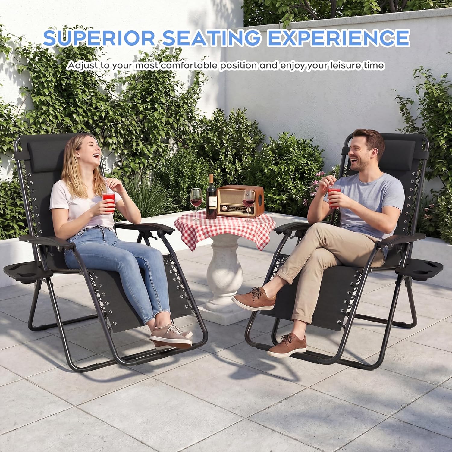 Set of 2 Adjustable Zero Gravity Lounge Chairs Outdoor Recliner w/Cup Holder Tray & Removable Pillows, Ergonomic Reclining Chair for Camping Patio Lawn Balcony (Black)