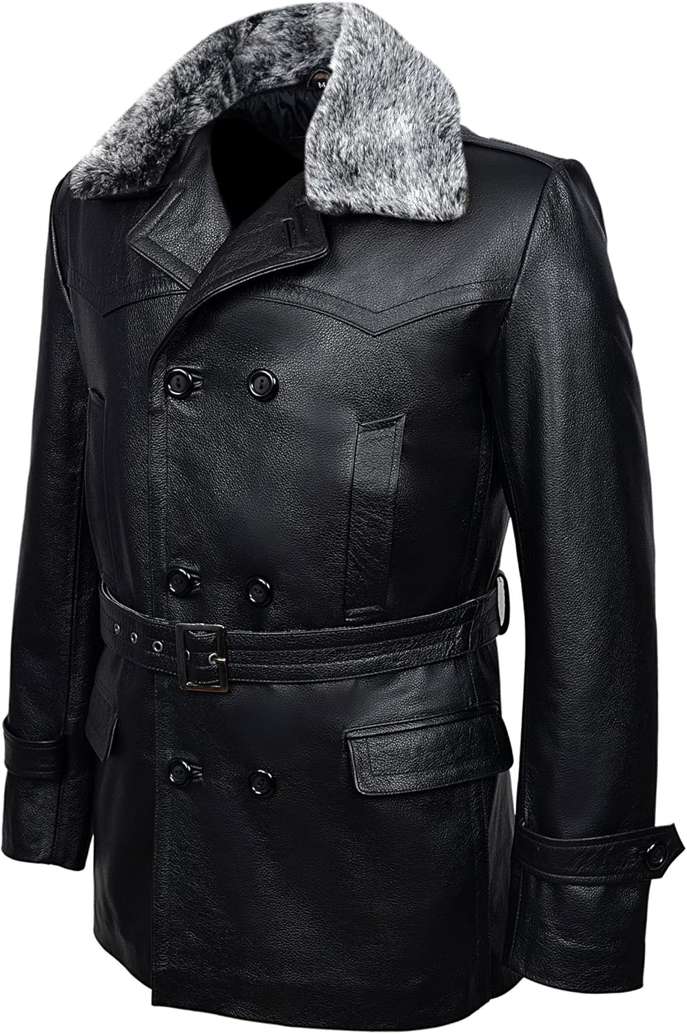 Mens GERMAN WW2 PEA COAT Collar Classic Reefer Military Hide Leather Dr Who