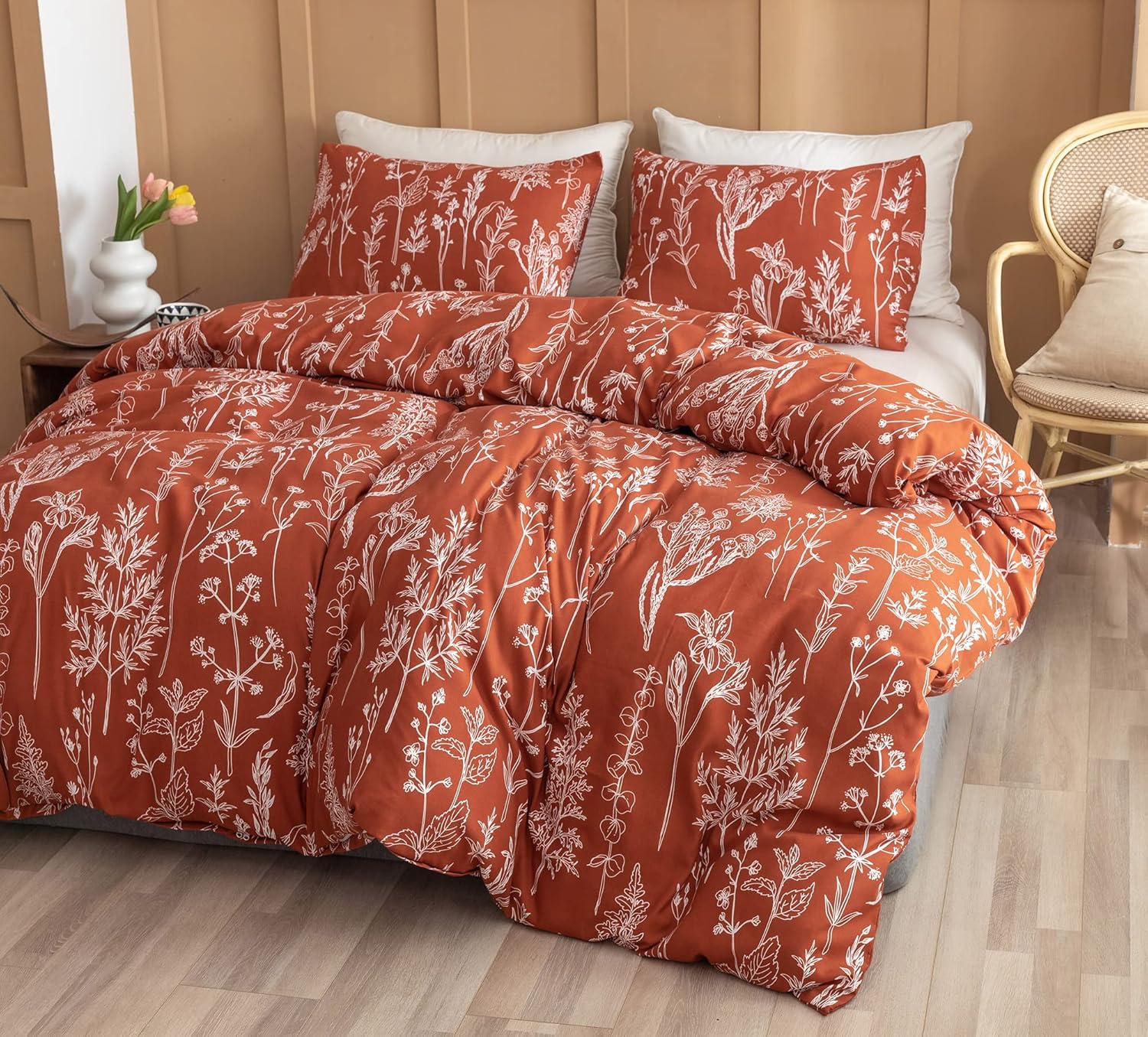 Janzaa Queen Comforter Set Terracotta Comforter,3 PCS Bedding Sets Floral Comforter Set Plant Flowers Printed on Lightweight Comforter for All Season : Home & Kitchen