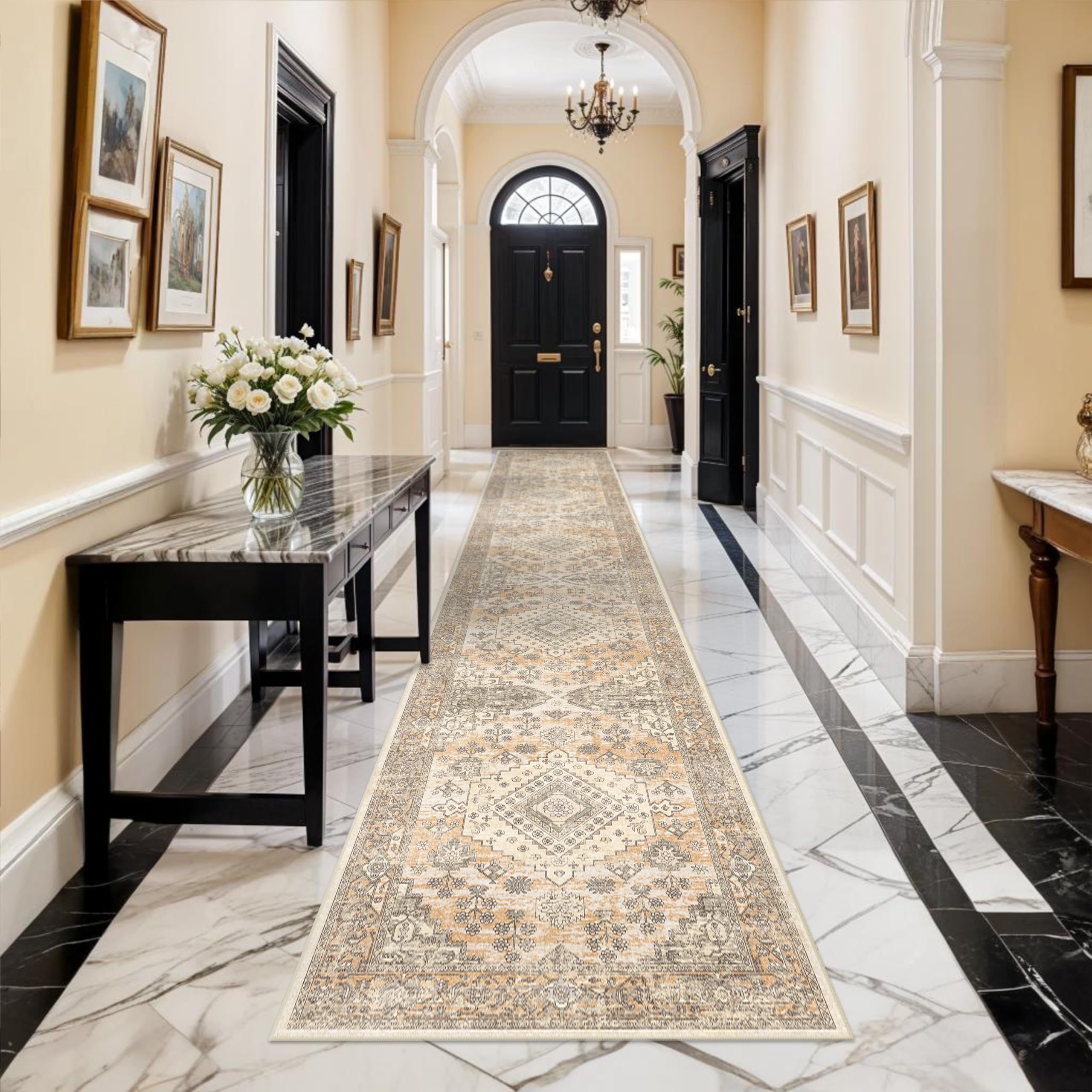 Hallway 2'6''x16' Runner Rug - Vintage Non-Slip Long Rug for Entryway Low-Pile Washable Medallion Runner Rugs for Hallway Waterproof Traditional runner Rug Indoor Thin Rug for Kitchen (Orange)