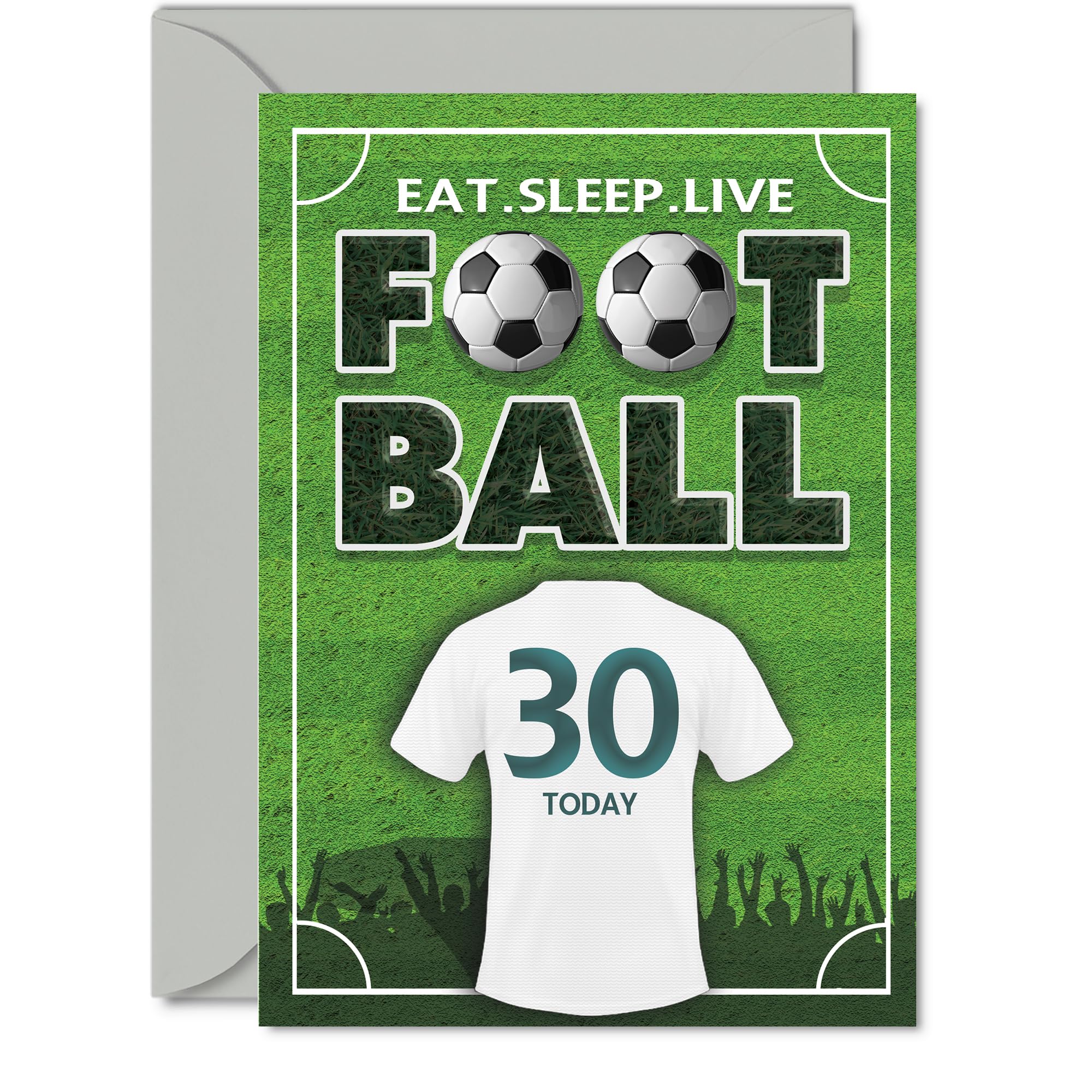 Funny 30th Birthday Card - for the Football-mad Turning 30 - Green Pitch Design with Bold Shirt and Ball - Brilliant Way to Celebrate a Milestone Goal - 5x7 Inch, Envelope Included