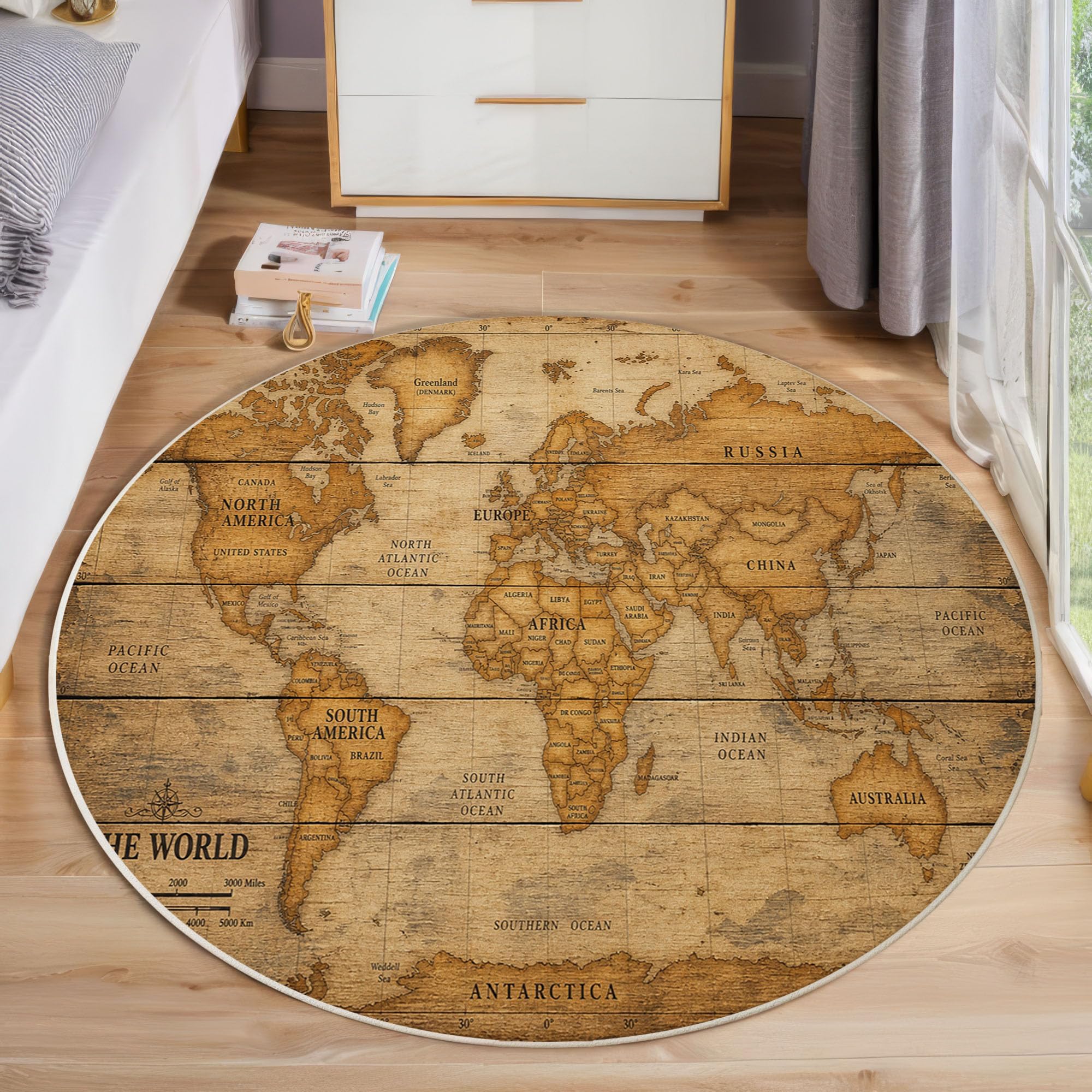 Tapis Salon Rond 180cm Carte du Monde Boussole Lavable | Antidérapant Poil Ras Tapis Rond Style Nautique Rétro pour Chambre Salle a Manger Salon Décoration D'intérieur